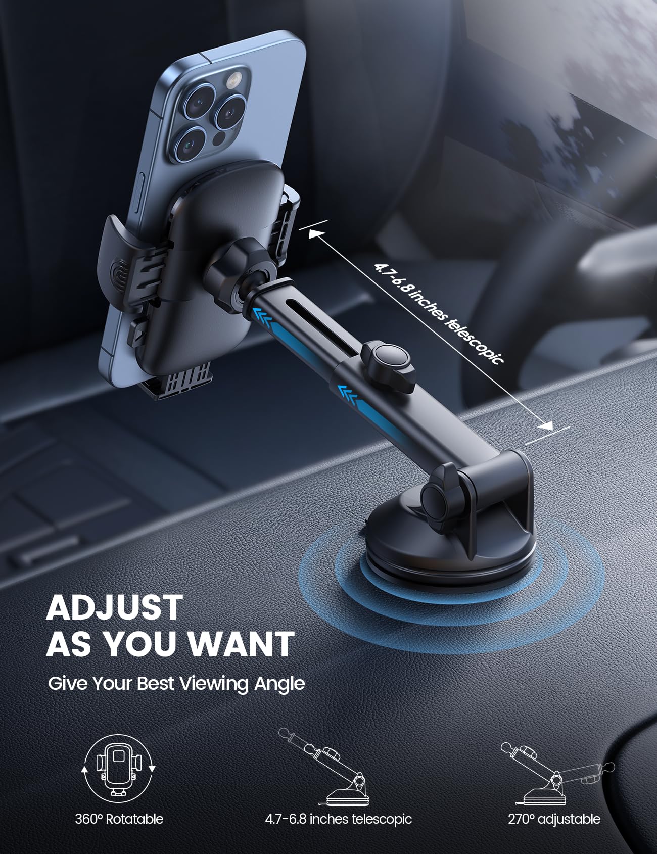 Lamicall Car Phone Holder Mount [3-in-1 Military-Grade Suction Cup] 360° Rotation Phone Holders for Your Car [Metal Hook] Cell Phone Car Mount Dashboard Vent Windshield for iPhone 17 16 All Smartphone - Medaid International