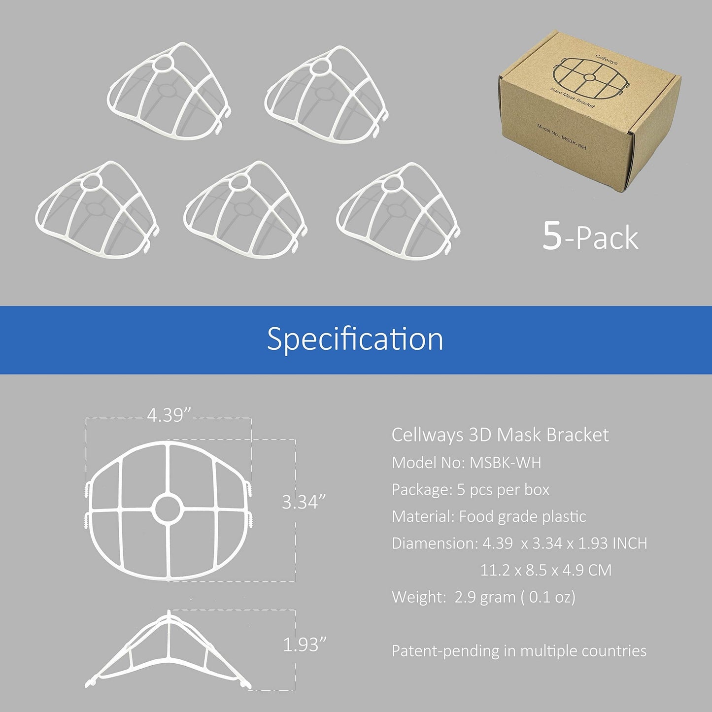 3D Face Mask Bracket, upgrade hook design, inner support frame, more space for comfortable breathing, made of food-grade plastic, 5 Pack. - Medaid International