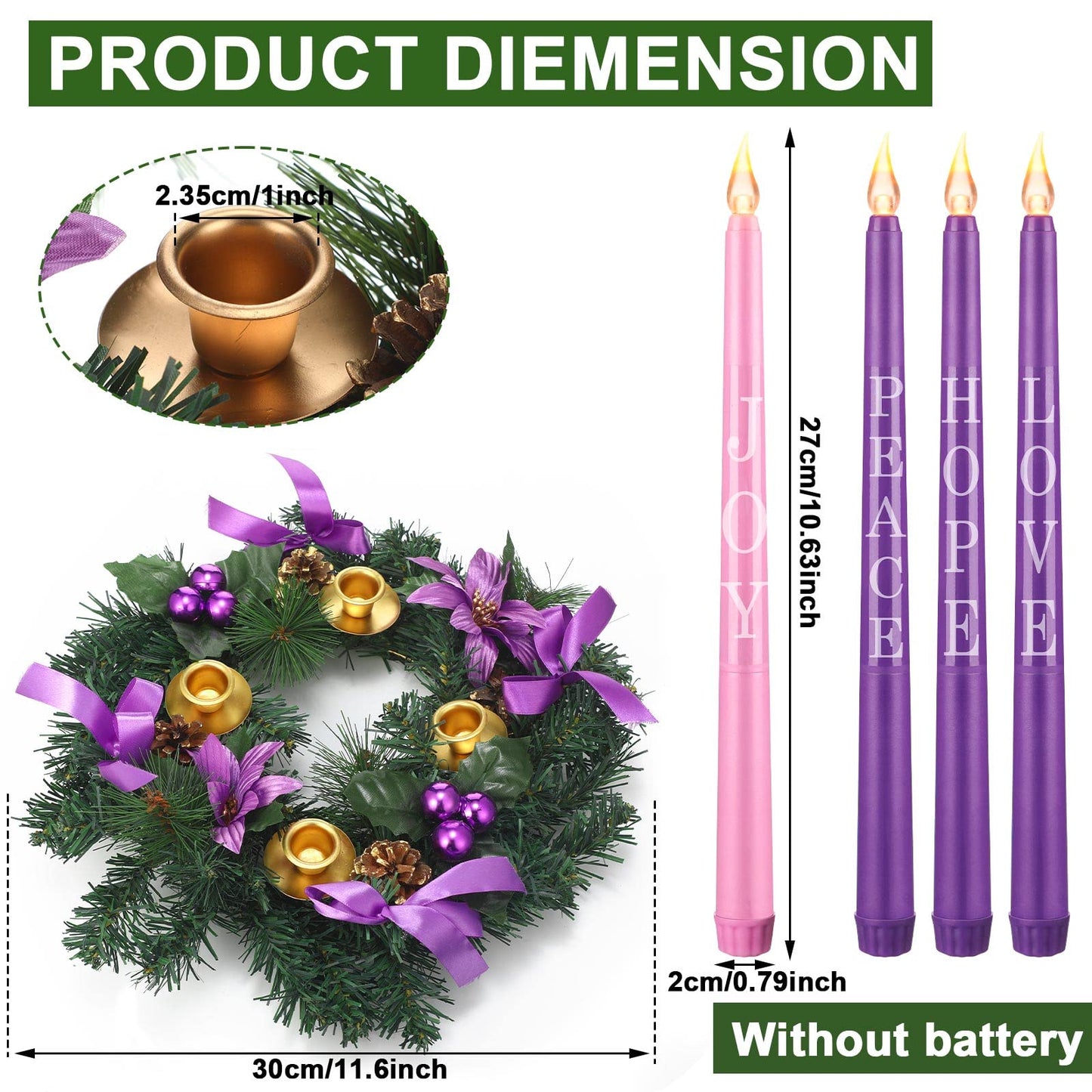 Kathfly 5 Pcs Christmas Advent Wreath with 4 Flameless Candles Holder with Hope Peace Love Joy Candle Christmas Centerpiece Decorations Pine Cones Bowknot for Xmas Advent Holiday Party (Purple) - Medaid International