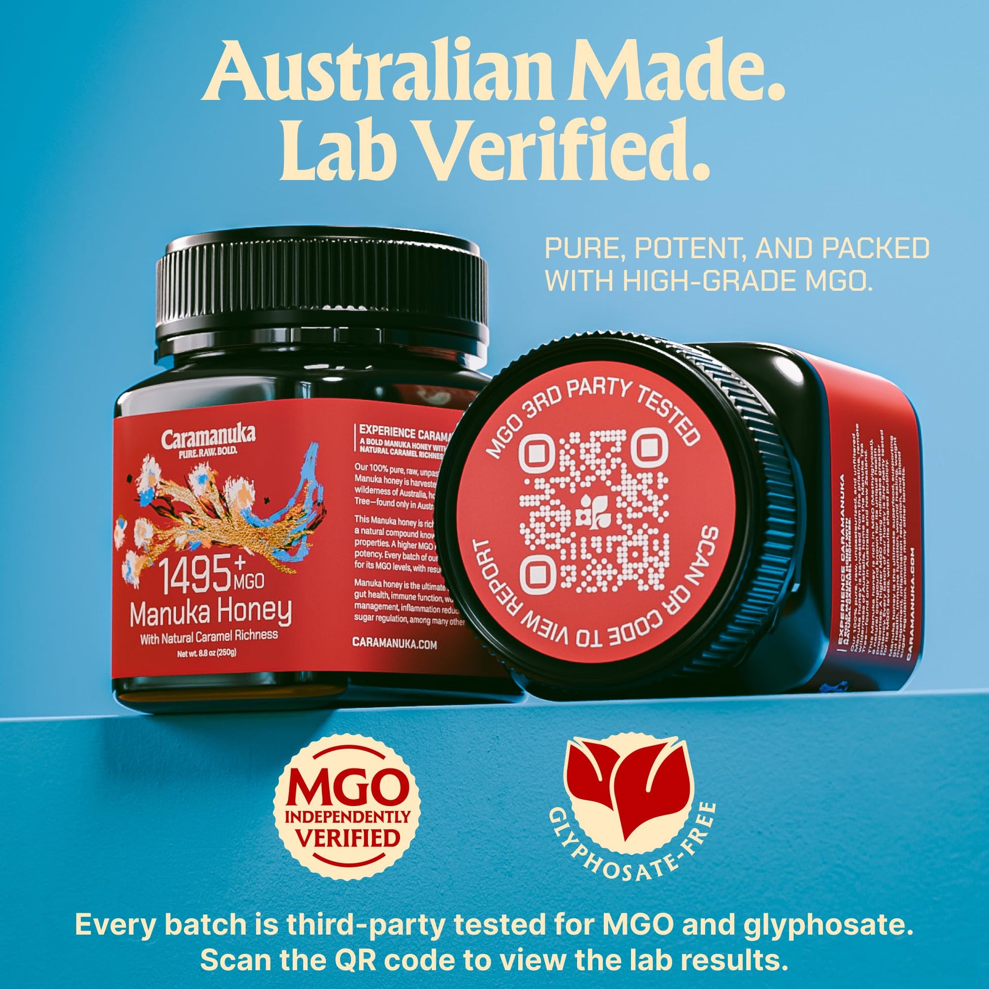 Caramanuka Manuka Honey MGO 1495+ / 100% Raw, Pure, Unfiltered & Unpasteurized, 3rd Party Tested, Ultra-Potent, Glyphosate-Free, Australian Premium Manuka Honey - Medaid International