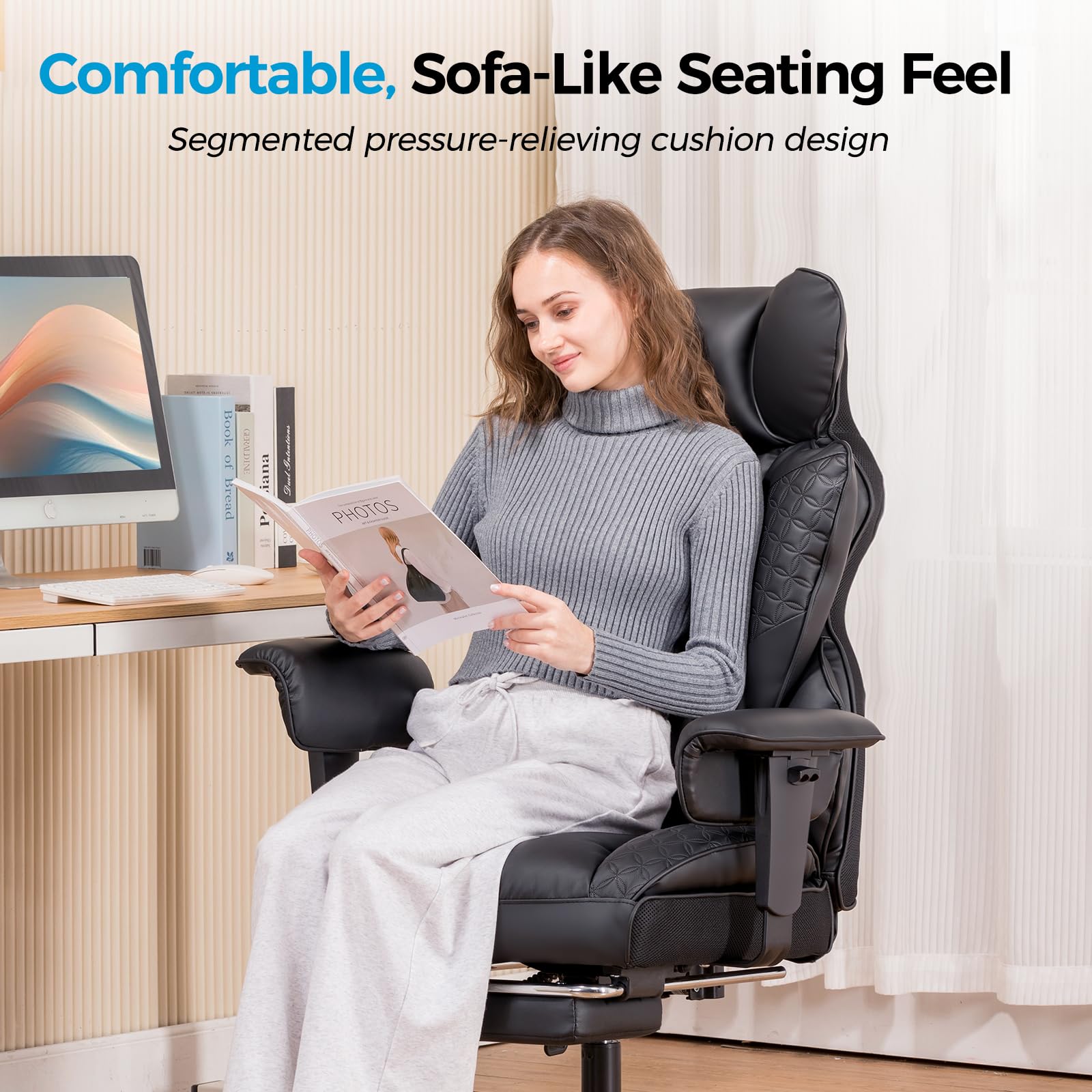 COMHOMA Big and Tall Office Chair 400LBS Wide Ergonomic Gaming Chair with Deluxe Embossing Designed Leather with Foot Rest,150°Reclining Adjustable Armrests Pocket Spring Back Support and Pillow - Medaid International