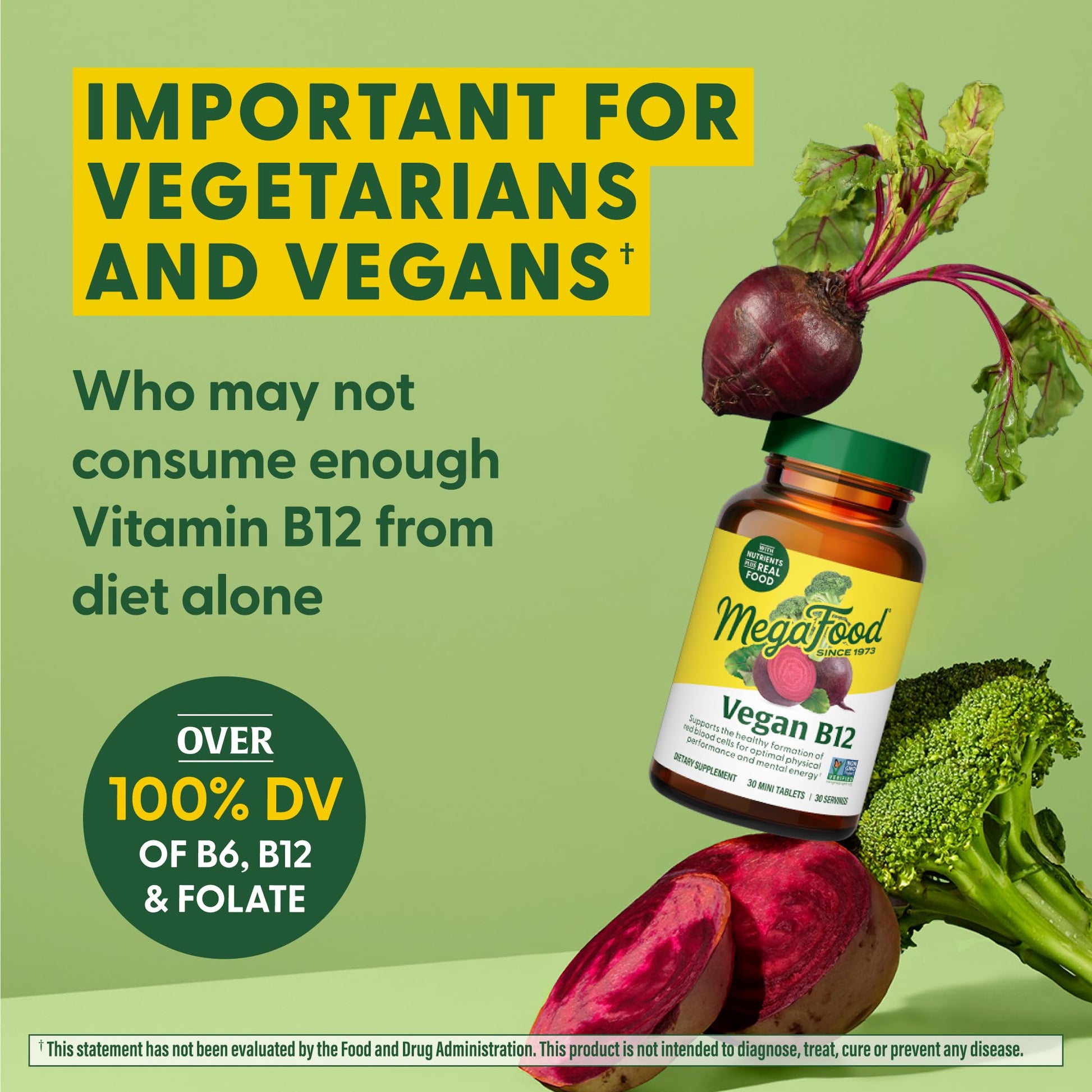 MegaFood Vegan Vitamin B12, Vitamin B Supplement with Vitamin B6, B12 Vitamins, and Folic Acid, Supports Cellular Energy Production, Nervous System Health & Cardiovascular Function - 30 Tablets - Medaid International