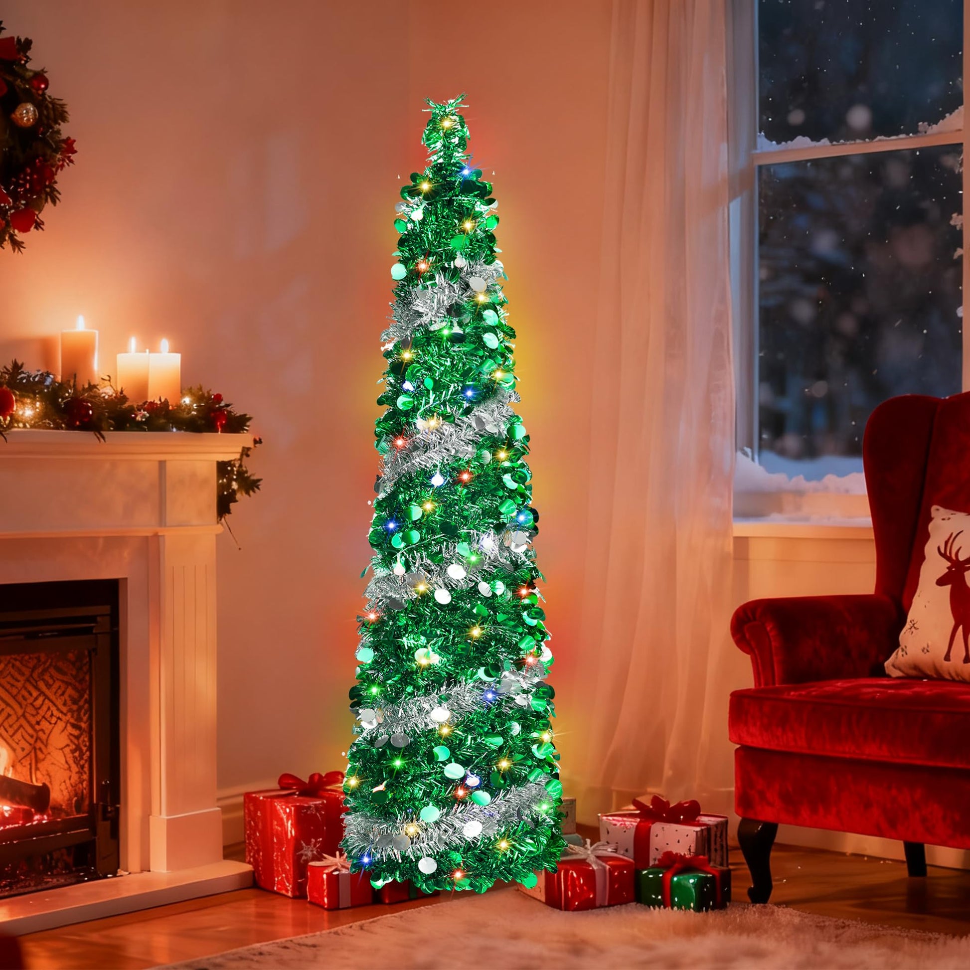 5FT Pop Up Christmas Tree with 90 LED Lights, Collapsible Artificial Pencil Christmas Tree, Tinsel Skinny Christmas Trees for Home Apartment Porch Indoor Outdoor Holiday Decorations - Medaid International