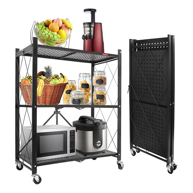 3 Tier Foldable Metal Storage Shelf Racks with Wheels Holds Up to 250 KG Moving Organizer Shelves for Kitchen Living Room and Bathroom Black - Medaid