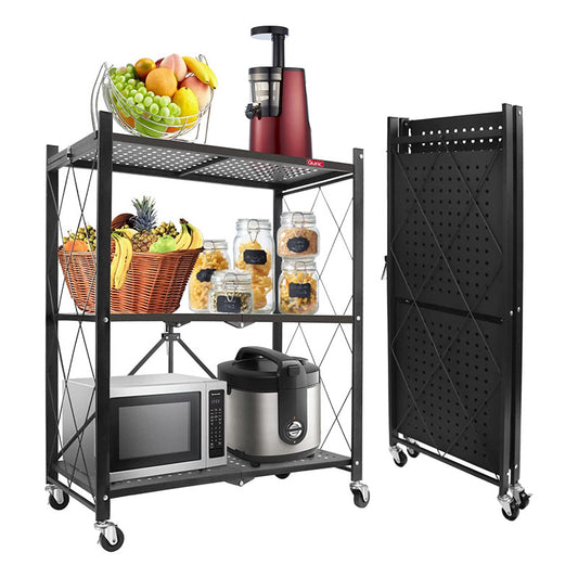 3 Tier Foldable Metal Storage Shelf Racks with Wheels Holds Up to 250 KG Moving Organizer Shelves for Kitchen Living Room and Bathroom Black - Medaid