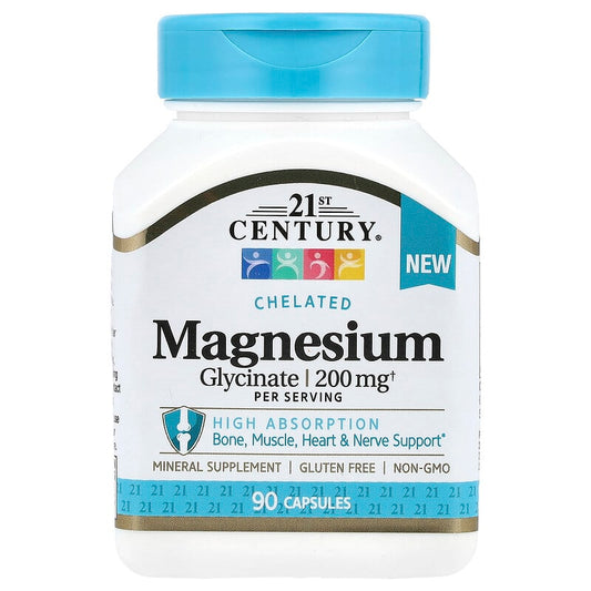21st Century, Chelated Magnesium Glycinate, 200 mg, 90 Capsules - Medaid