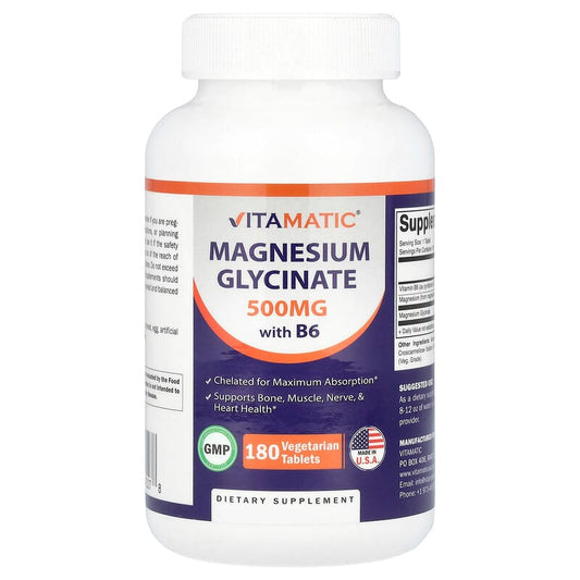Vitamatic, Magnesium Glycinate with B6, 500mg, 180 Vegetarian Tablets - Medaid International