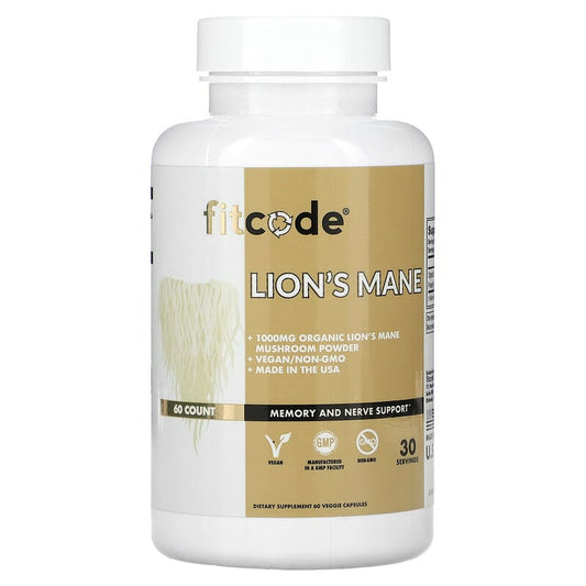 fitcode, Lion's Mane, 1,000 mg, 60 Veggie Capsules (500 mg per Capsule) - Medaid International