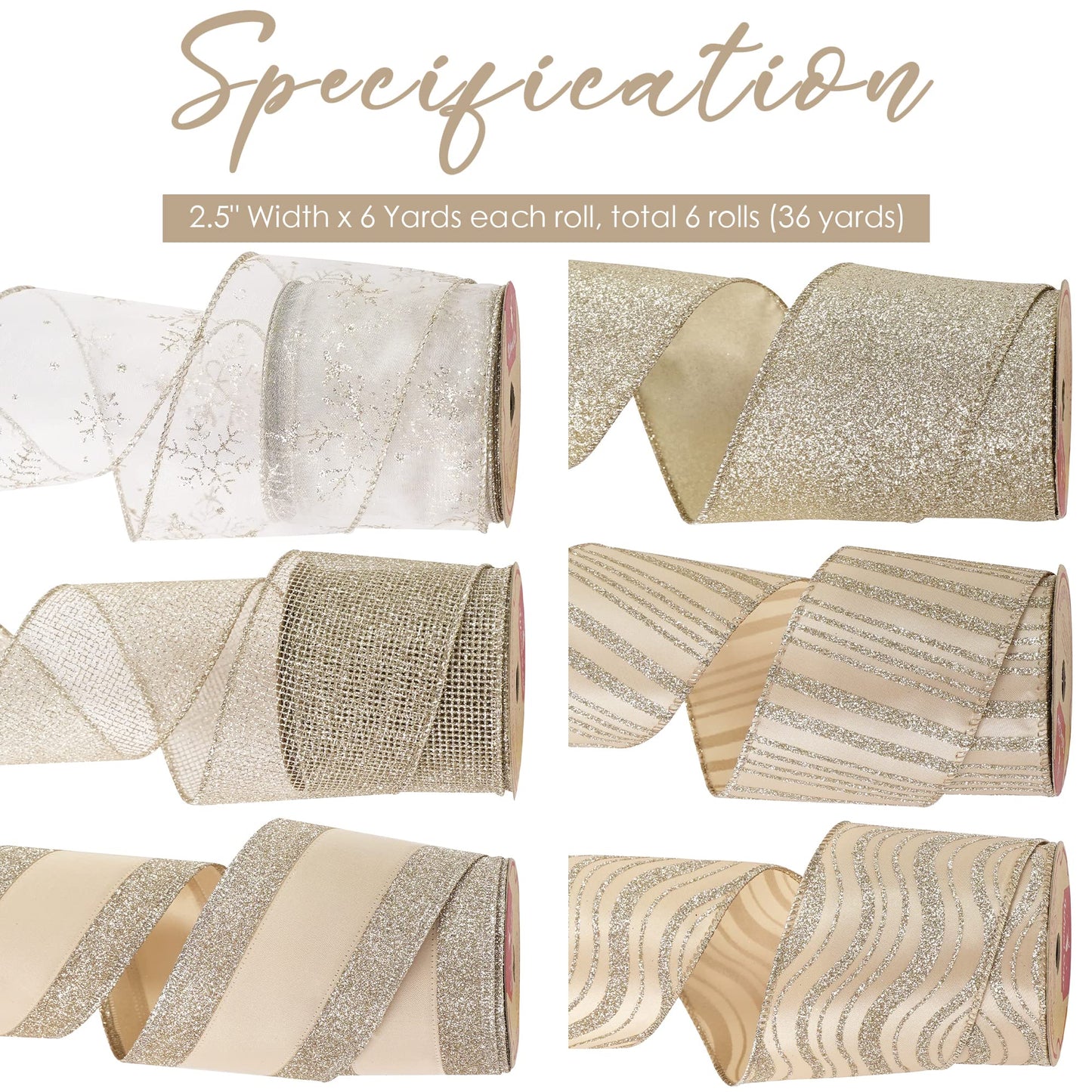 HUIHUANG Champagne Christmas Ribbon Wired Gold Christmas Tree Ribbon 6 Rolls Glitter Wired Edge Ribbons for X-mas Tree, Gift Wrapping, Wreath, Garland, Home Decor (2.5" Wide, 36 Yds Total) - Medaid International