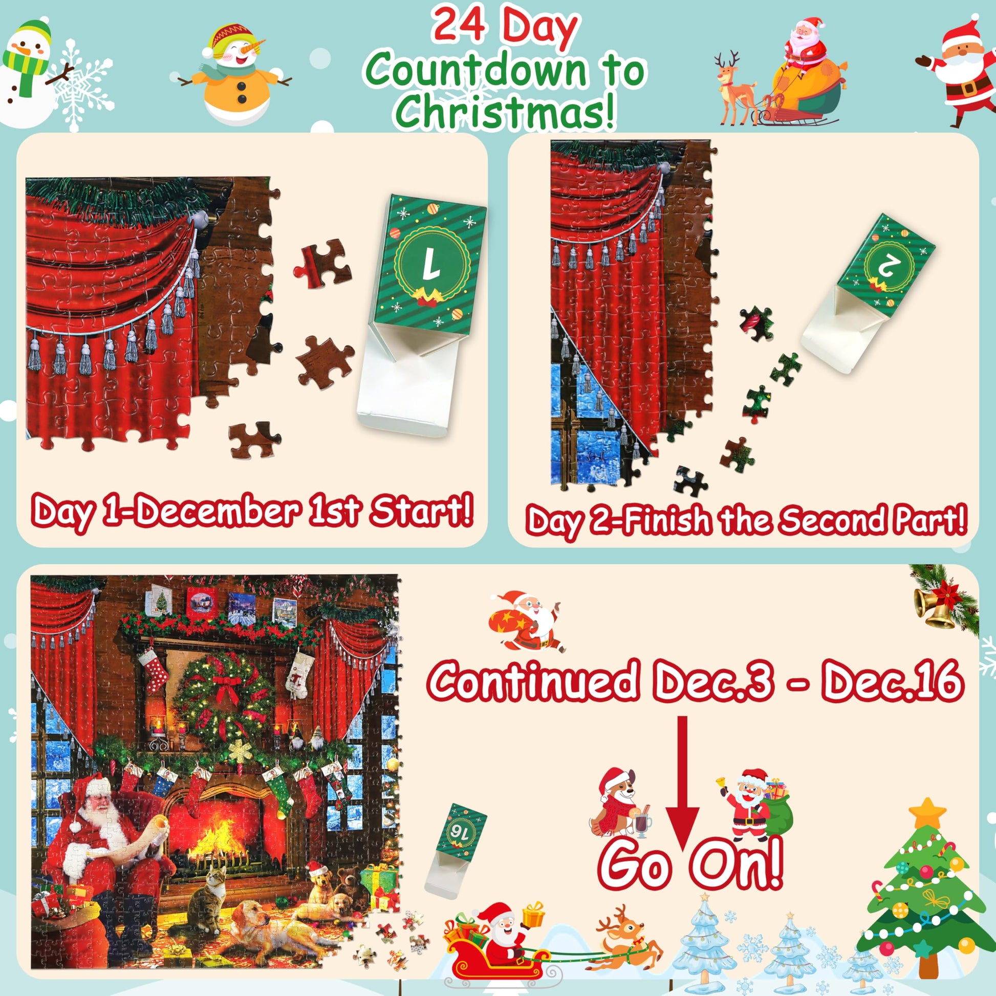Advent Calendar Puzzle - Santa's Surprise, 24 Boxes 1008 Pieces Christmas Jigsaw Puzzles, Countdown to Christmas Advent Calendar 2025 Kids Adults XMAS Gifts - Medaid International