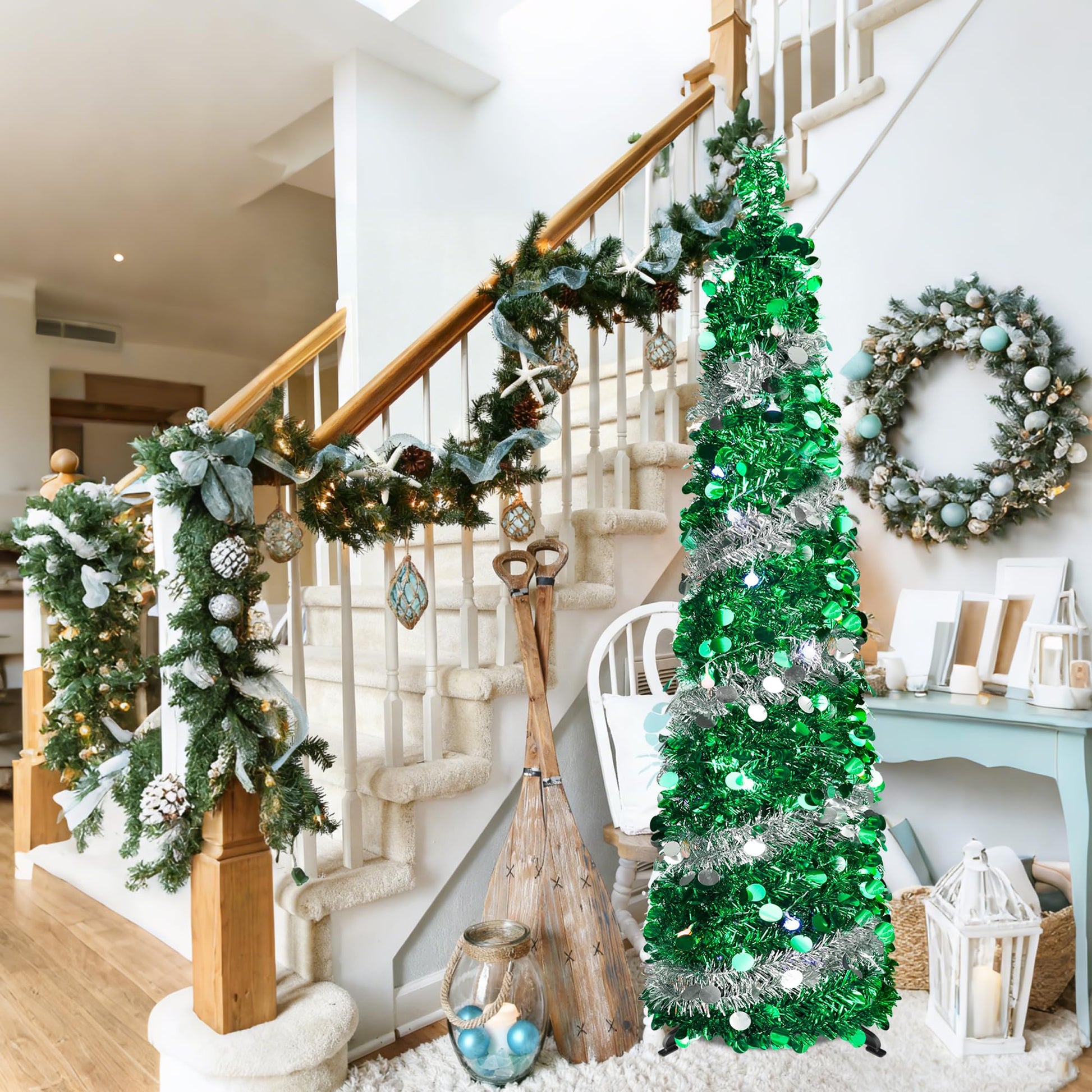 5FT Pop Up Christmas Tree with 90 LED Lights, Collapsible Artificial Pencil Christmas Tree, Tinsel Skinny Christmas Trees for Home Apartment Porch Indoor Outdoor Holiday Decorations - Medaid International