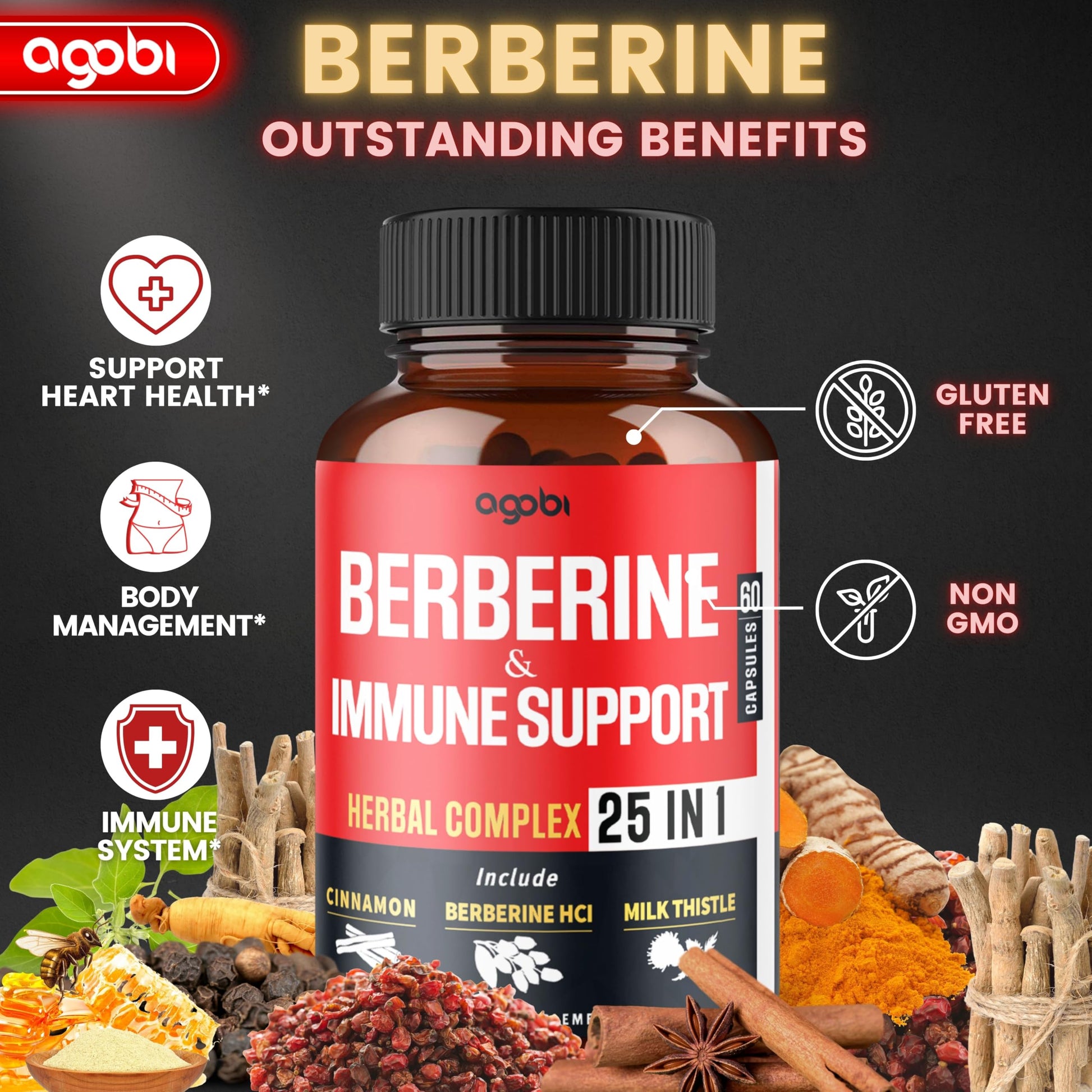 Premium Berberine Supplement with Ceylon, Ashwagandha, Turmeric, Milk Thistle, Elderberry & Black Pepper - Supports Immune System, Cardiovascular & Gastrointestinal - 60 Capsules - Medaid International