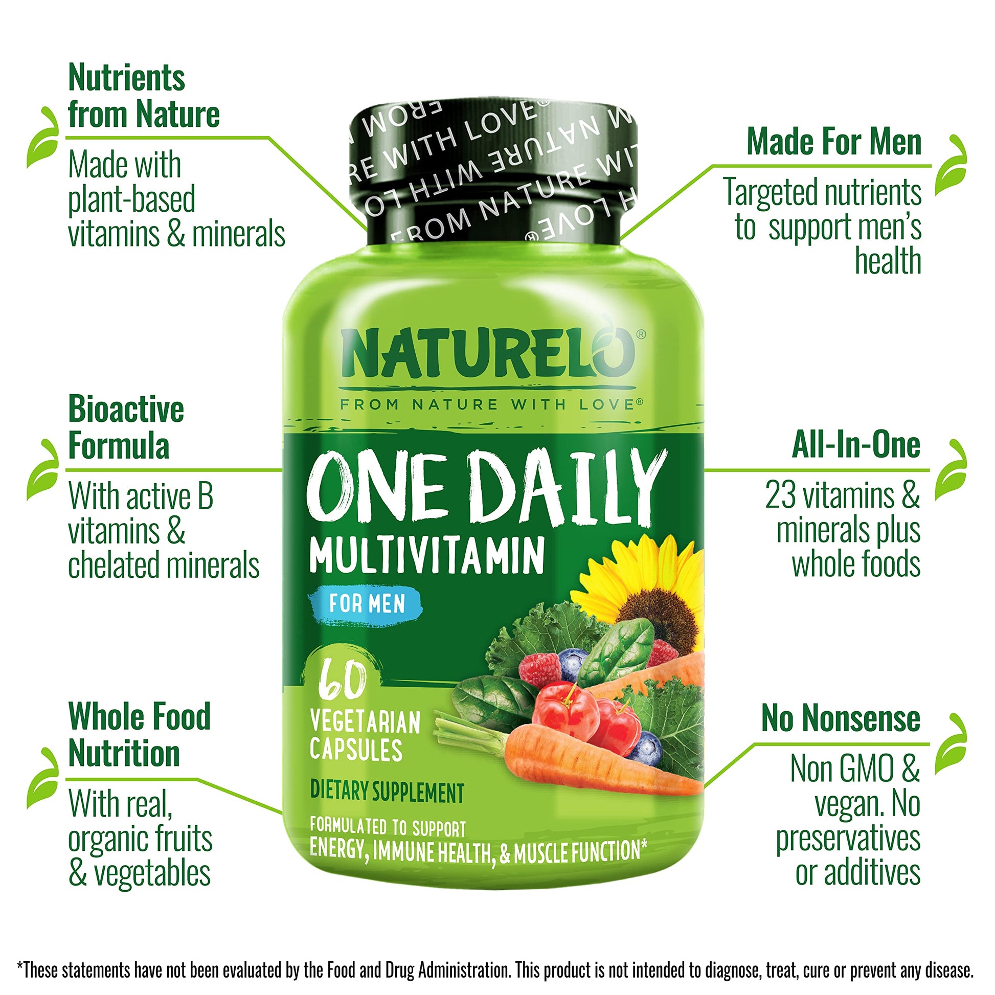 NATURELO Mens Multivitamins - One Daily Multivitamin for Men with Vitamins, Minerals & Organic Whole Foods, Boost Energy & Health, Non-GMO, 60 Vegetarian Capsules - Medaid International