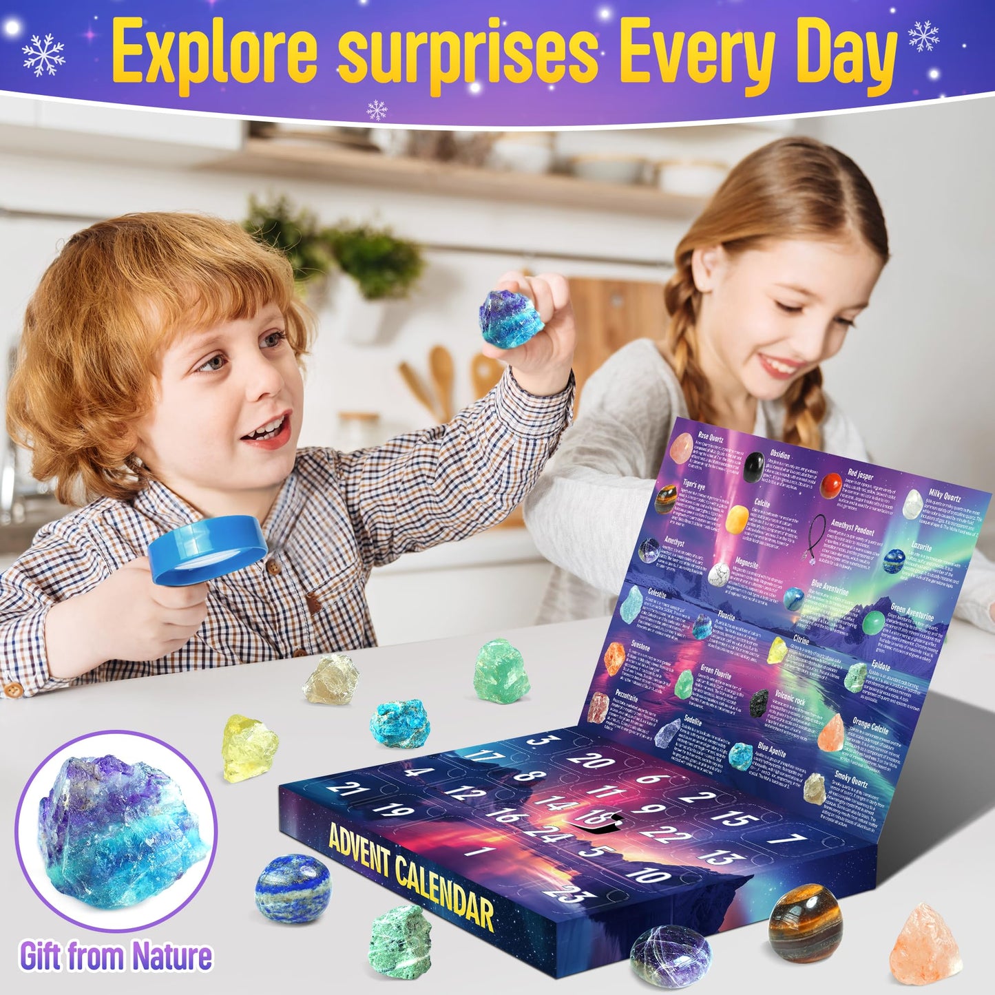 ZIZZ Advent Calendar 2025 Christmas - 24 Days Natural Rock Crystal Christmas Countdown Calendar for Kids Boys Girls Geology Stone Gemstone Learning Collection Kit Birthday Xmas Gift for Kid Teen Adult - Medaid International