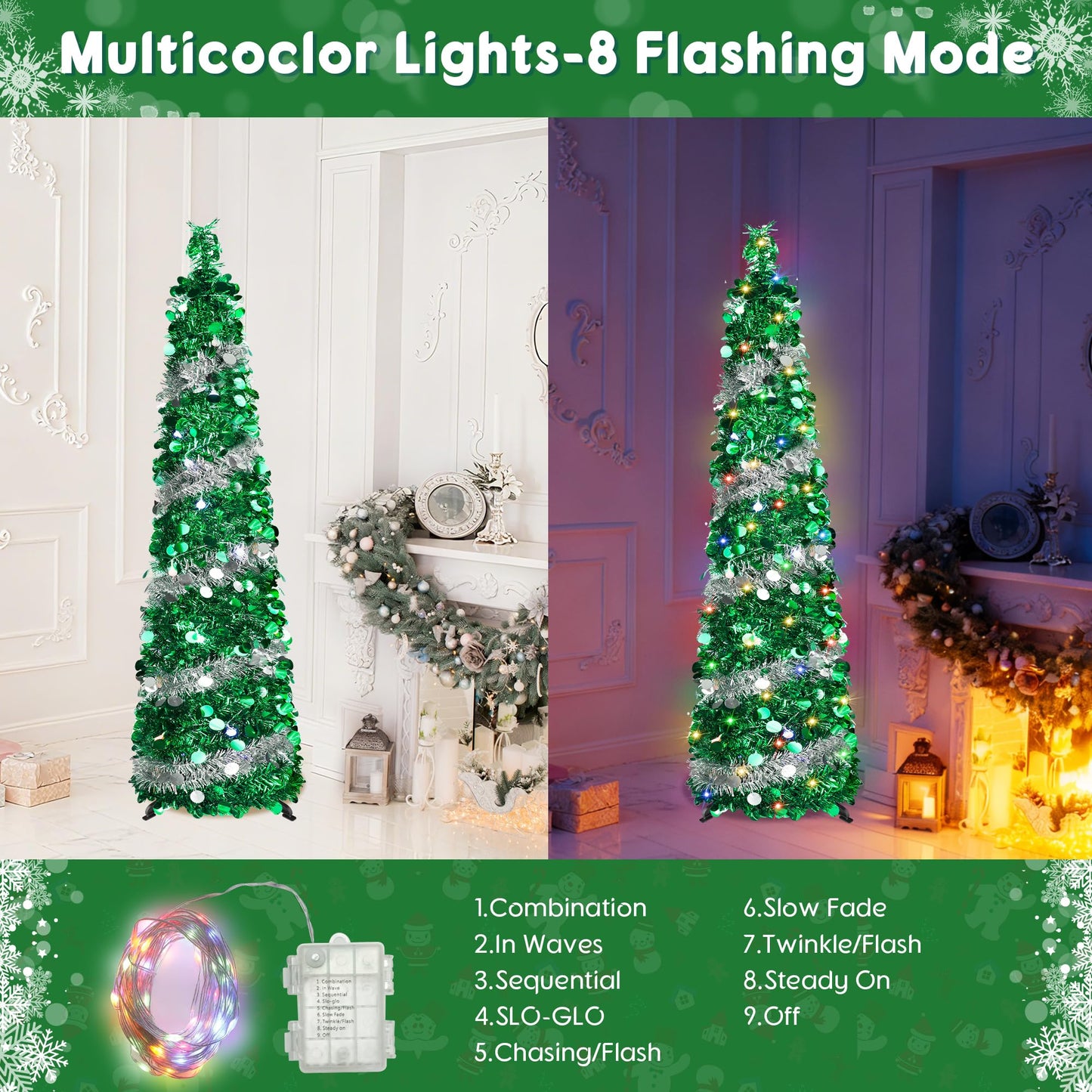 5FT Pop Up Christmas Tree with 90 LED Lights, Collapsible Artificial Pencil Christmas Tree, Tinsel Skinny Christmas Trees for Home Apartment Porch Indoor Outdoor Holiday Decorations - Medaid International