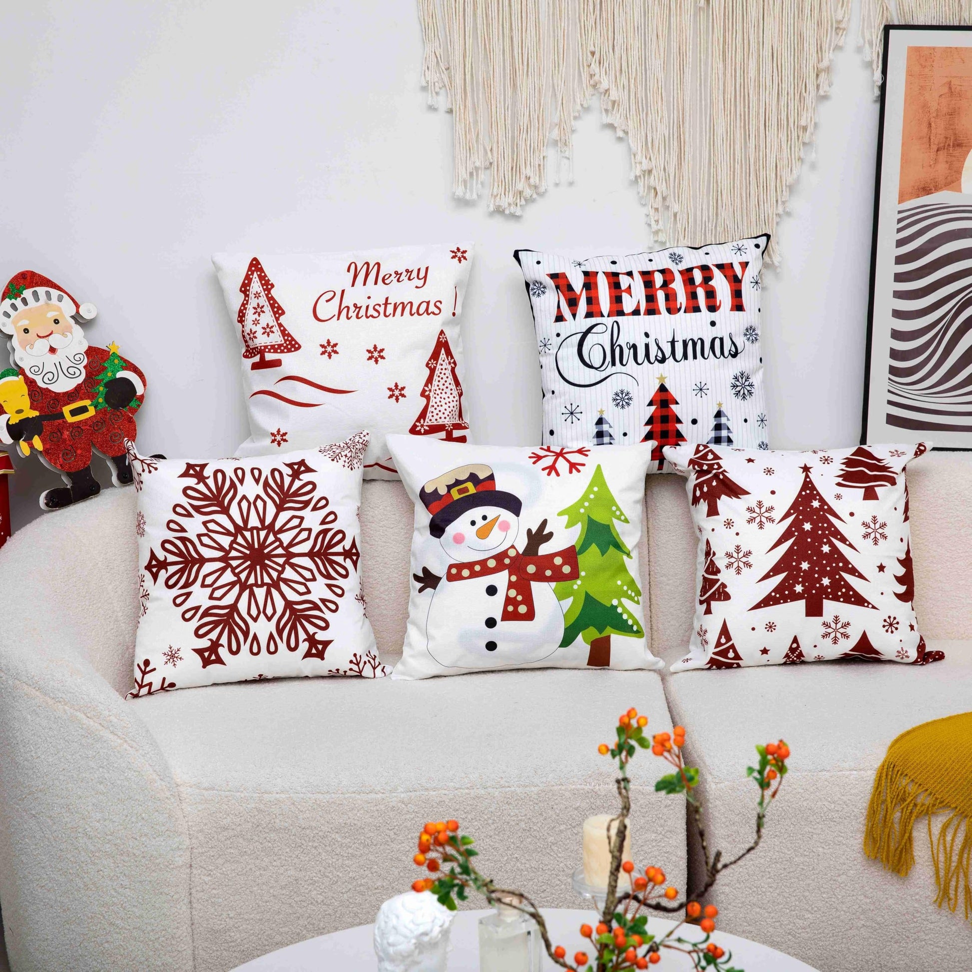 Christmas Snowman Pillow Cover Festive Winter Cushion Case with Tree and Snowflake for Sofa and Living Room - Medaid International