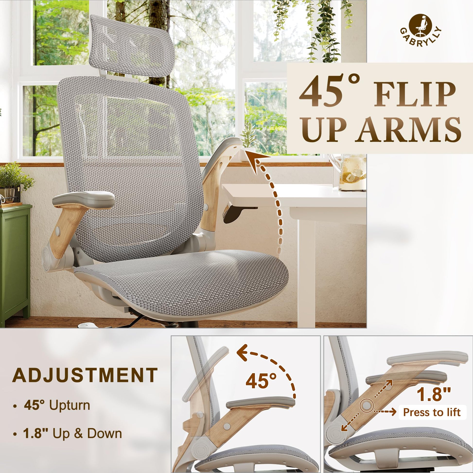 GABRYLLY Ergonomic Office Chair, High Back Home Desk Chair with Flip-Up Arms, Headrest, 90-120° Tilt and Wide Cushion, 400LBS White Mesh Chair for Work Gaming Study (GY01-NT, Woodgrain Pattern) - Medaid International