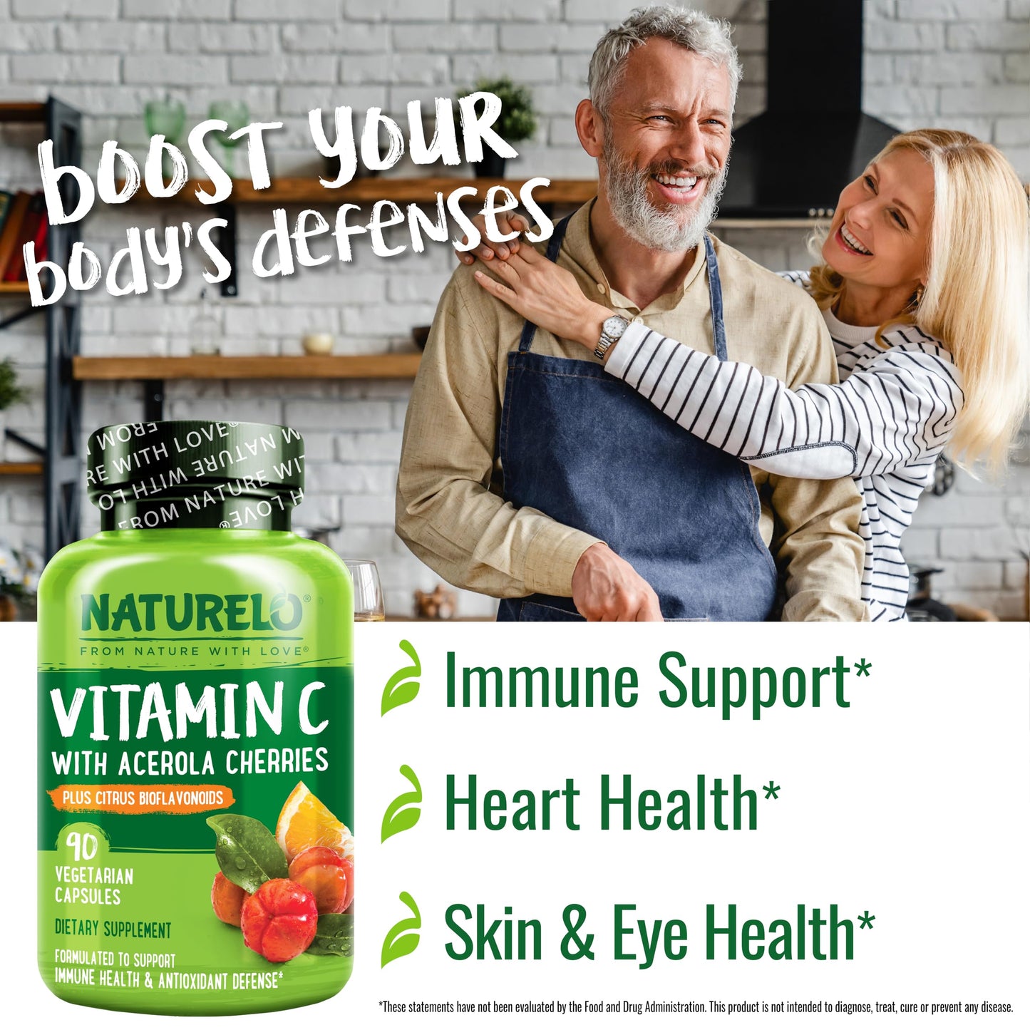 NATURELO Vitamin C with Organic Acerola Cherry Extract and Citrus Bioflavonoids - Vegan Supplement - Immune Support - 500 mg VIT C per Cap - Non-GMO - 90 Capsules - Medaid International