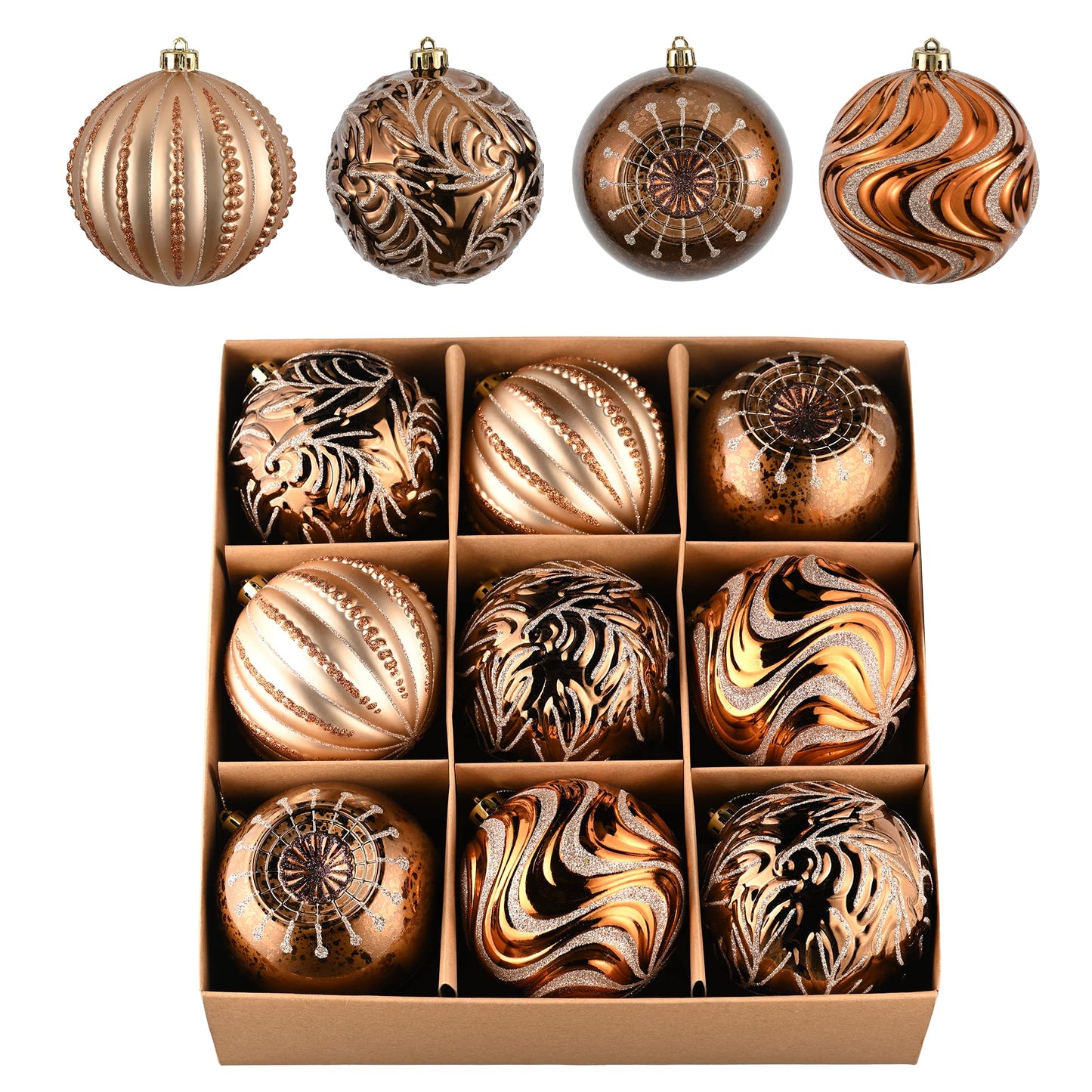 Valery Madelyn Christmas Ball Ornaments for Fall Decor, 9ct Bronze Copper Gold Shatterproof Christmas Tree Decorations Set, 3.94 Inches Luxury Brown Hanging Ornaments for Thanksgiving Autumn Harvest - Medaid International