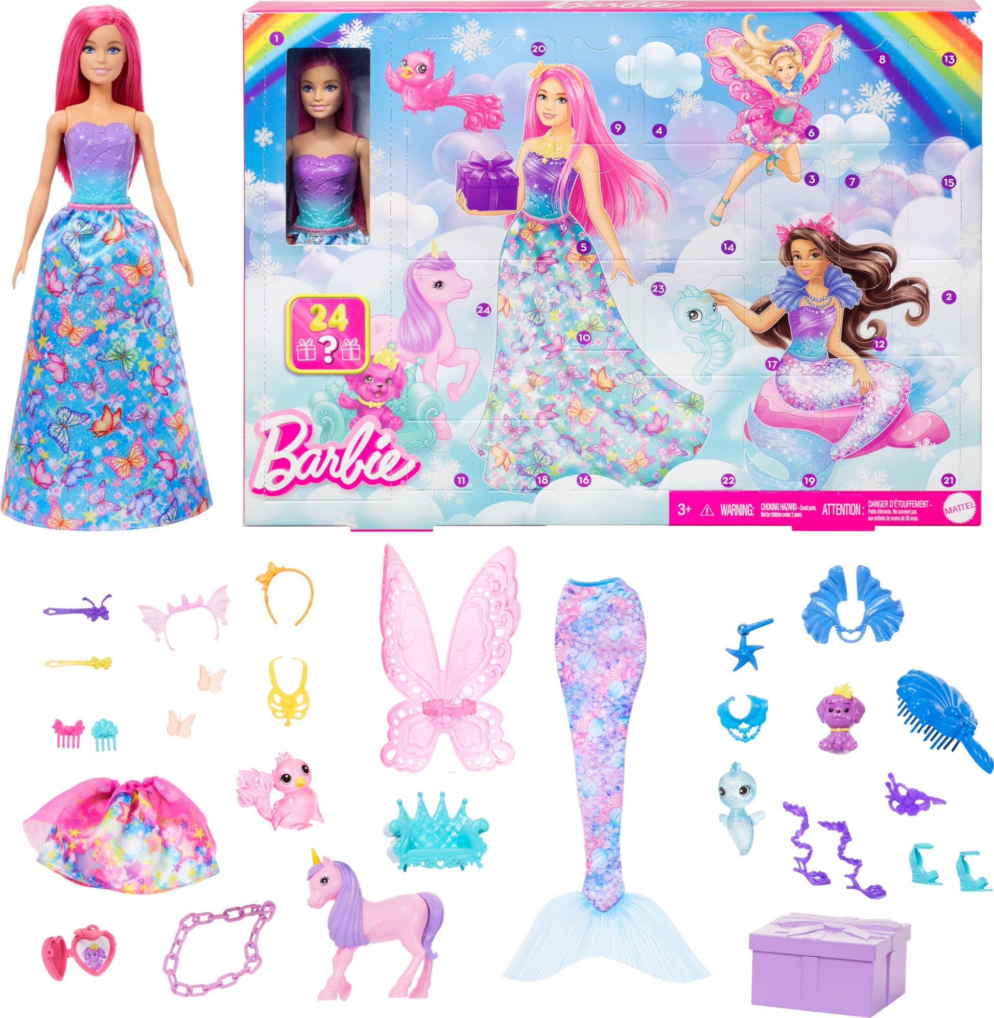 Barbie Advent Calendar with Doll & 24 Surprise Accessories Including Unicorn & 3 Pets, Transform Pink-Haired Fashion Doll into Mermaid, Fairy & More - Medaid International