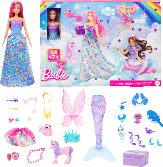 Barbie Advent Calendar with Doll & 24 Surprise Accessories Including Unicorn & 3 Pets, Transform Pink-Haired Fashion Doll into Mermaid, Fairy & More - Medaid International
