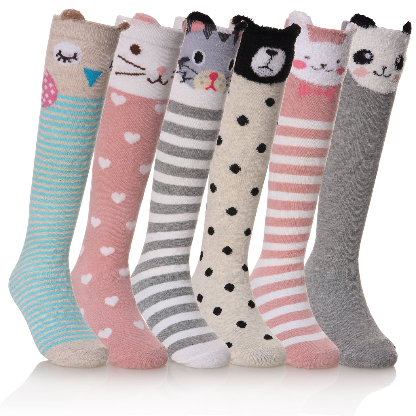FNOVCO Girls Knee High Socks Kids Crazy Fun Gift Cute Animal Patterns Cotton Long Socks 6 Pairs (6 Pairs Animal) - Medaid International