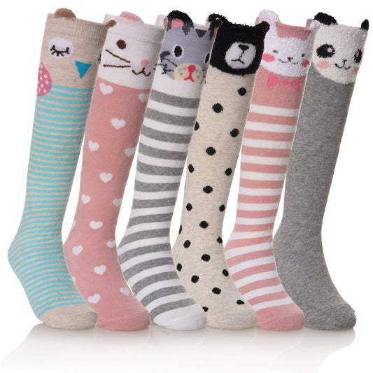 FNOVCO Girls Knee High Socks Kids Crazy Fun Gift Cute Animal Patterns Cotton Long Socks 6 Pairs (6 Pairs Animal) - Medaid International