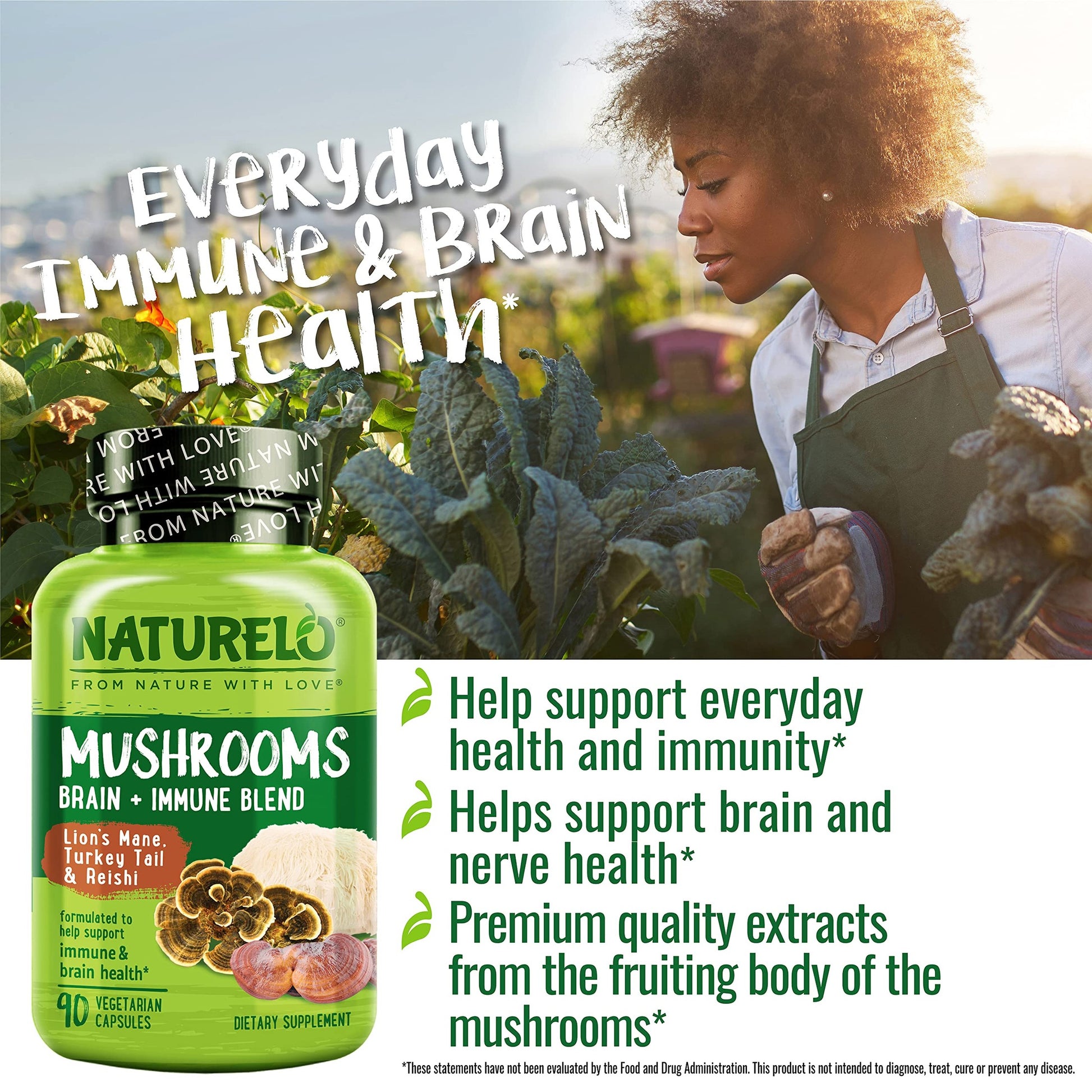 NATURELO Mushroom Supplement – Brain & Immune Health Blend with Lion’s Mane, Reishi, Turkey Tail – 90 Vegan Friendly Capsules - Medaid International