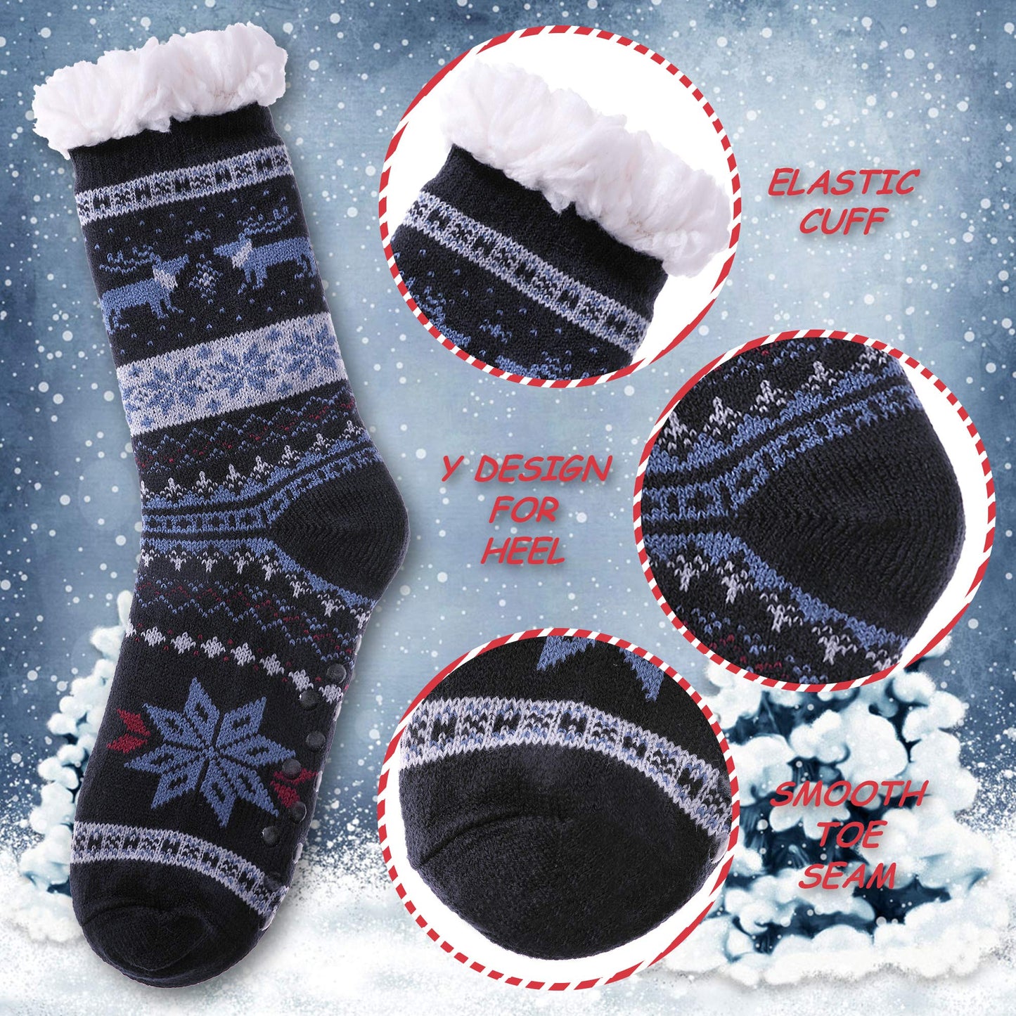 DYW Mens Fuzzy Slipper Socks Warm Thick Heavy Thermal Fleece lined Fluffy Winter Non Slip Socks (Dark Blue A) - Medaid International