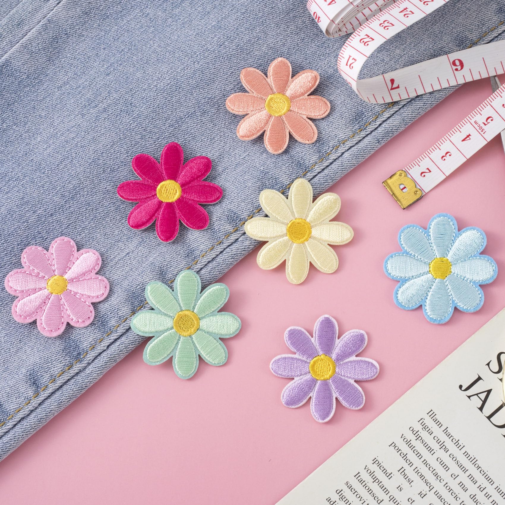 14 Pcs Flower Iron on Patches, Cute Daisy Flower Applique Patch, Sew On Embroidered Applique Sewing Patches for Bags, Jackets, Jeans, Clothes DIY Patches, 1.57x1.57inch, 7 Colors - Medaid International
