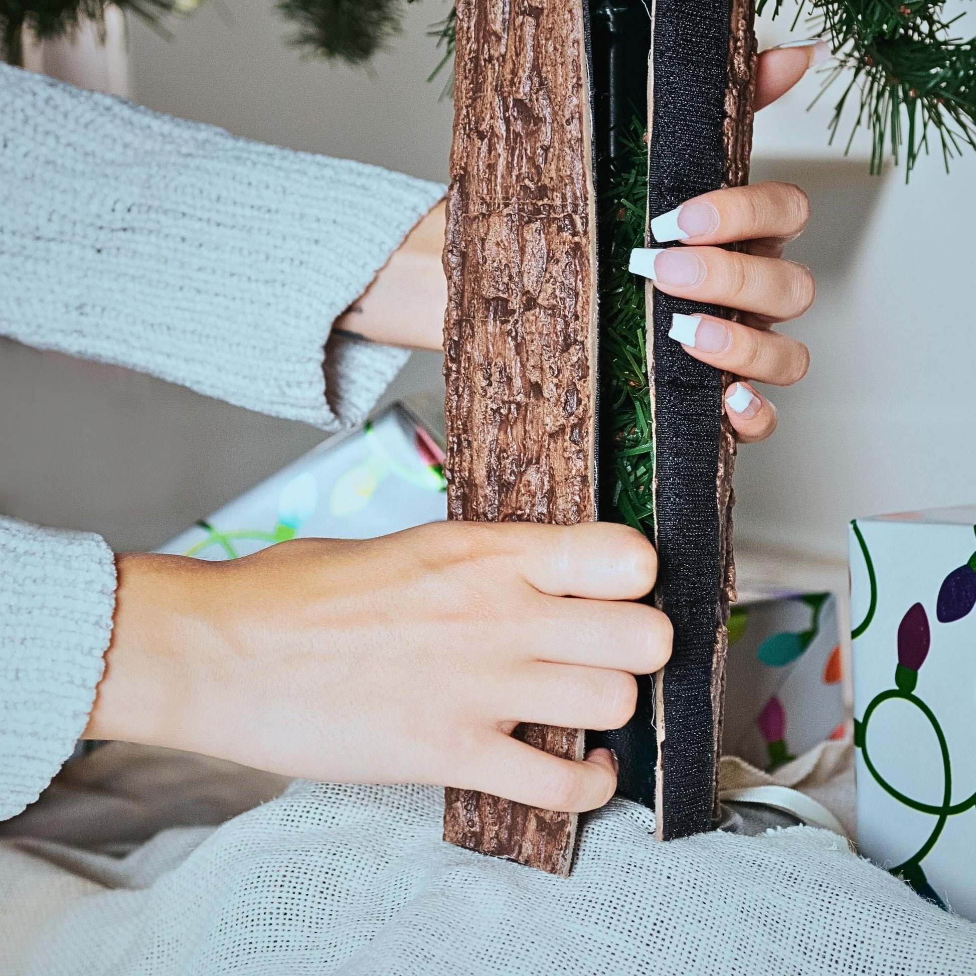 Realistic Faux Brown Bark Xmas Tree Skirt Hides Fake Pole, By Christmas Tree Hugger - Medaid International