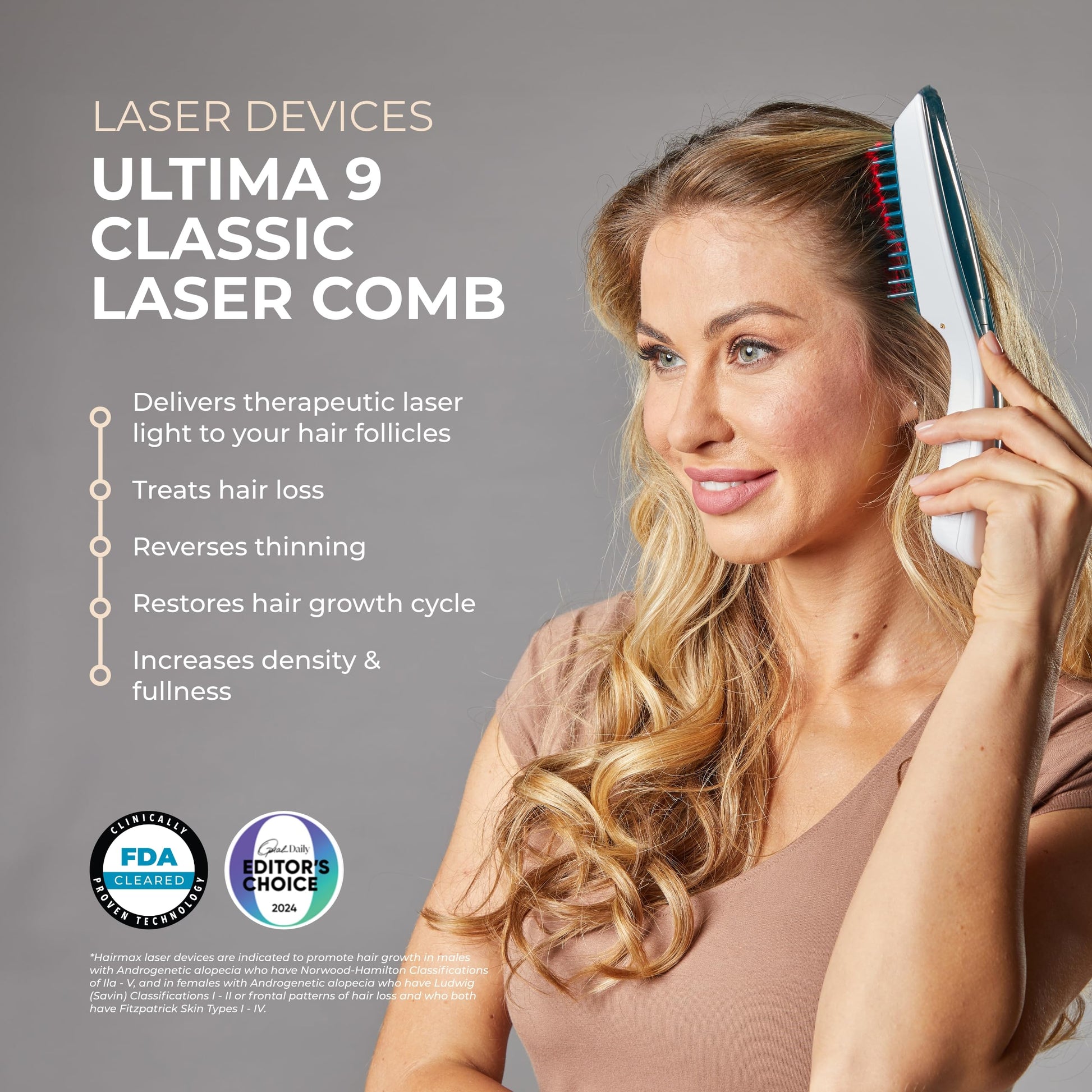Hairmax Ultima 9 Classic LaserComb -(FDA Cleared) Laser Hair Regrowth Treatment Device for Men & Women - Reverses Thinning Hair Loss - Red Light Therapy to Stimulate Hair Growth - Cordless Design - Medaid International