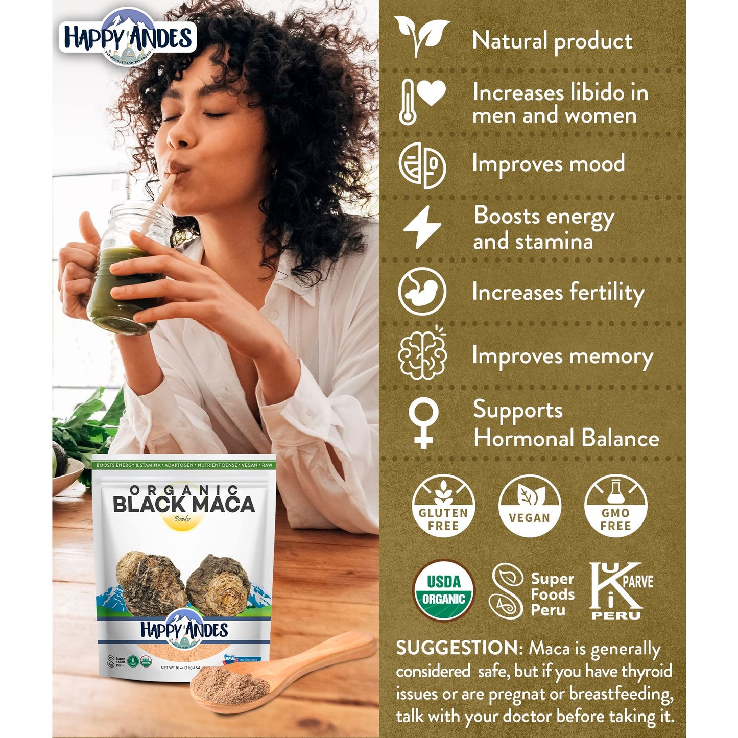 Happy Andes Organic Black Pure & Raw Maca Root Powder Non-GMO, USDA for Energy & Fitness, Performance & Mood for Men & Women, Gluten Free, Peruvian Superfood, Blue, 16 oz - Medaid International