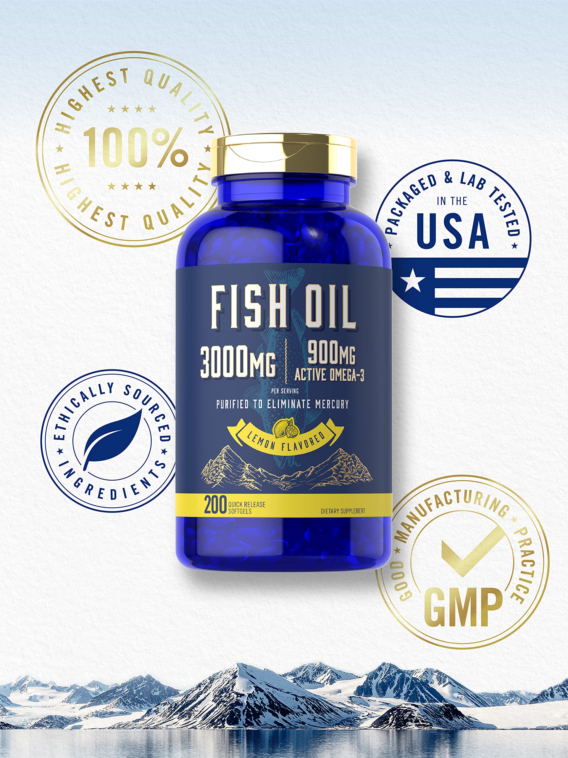 Carlyle Fish Oil 3000mg | 900mg Omega 3 | 200 Softgels | Lemon Flavor | Non-GMO and Gluten Free Supplement - Medaid International