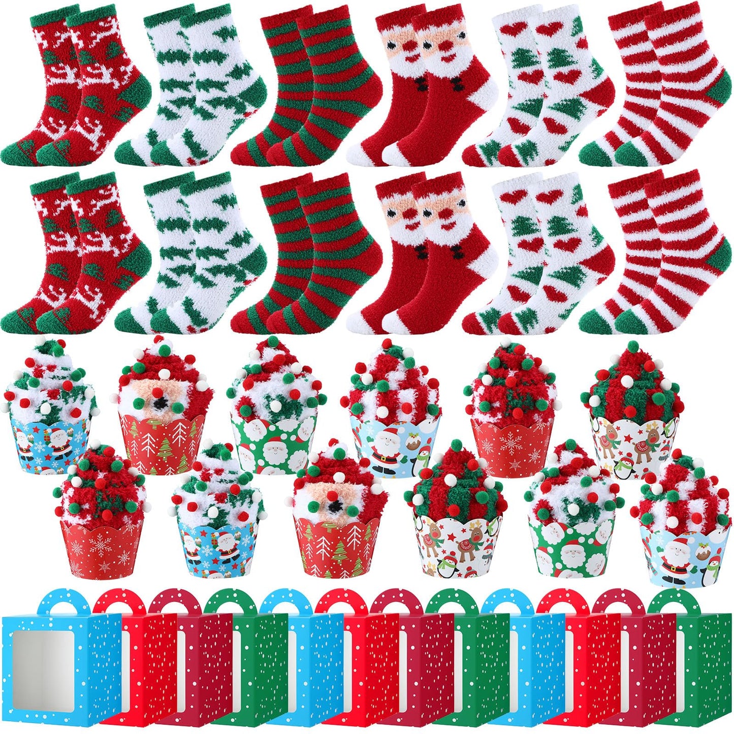 Foaincore 12 Pair Christmas Fuzzy Cupcake Socks Bulk Women Cozy Fluffy Socks Soft Winter Warm Plush Slipper Stocking with Gift Box Xmas Holiday Gifts for Her - Medaid International