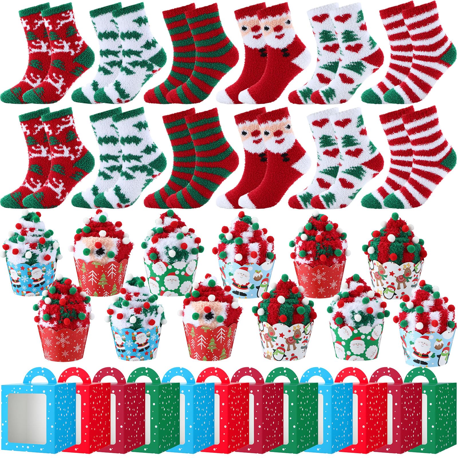 Foaincore 12 Pair Christmas Fuzzy Cupcake Socks Bulk Women Cozy Fluffy Socks Soft Winter Warm Plush Slipper Stocking with Gift Box Xmas Holiday Gifts for Her - Medaid International