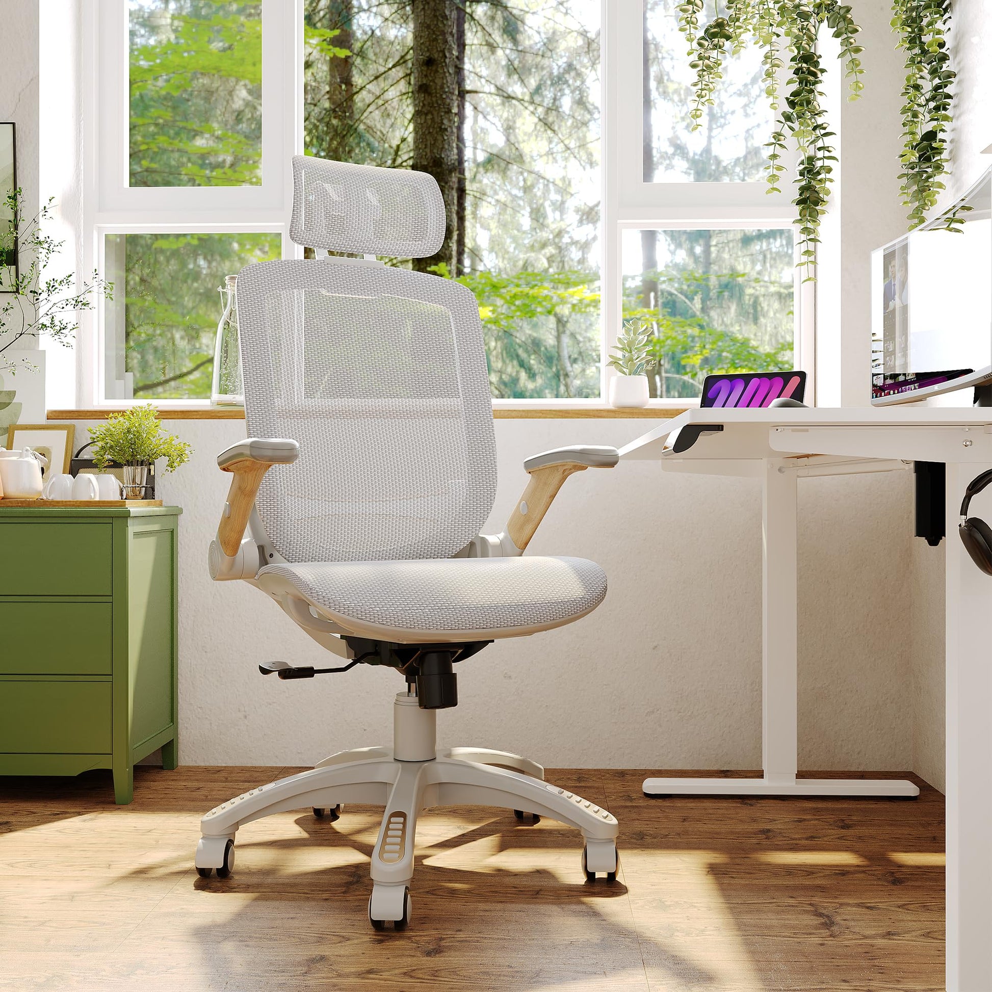 GABRYLLY Ergonomic Office Chair, High Back Home Desk Chair with Flip-Up Arms, Headrest, 90-120° Tilt and Wide Cushion, 400LBS White Mesh Chair for Work Gaming Study (GY01-NT, Woodgrain Pattern) - Medaid International