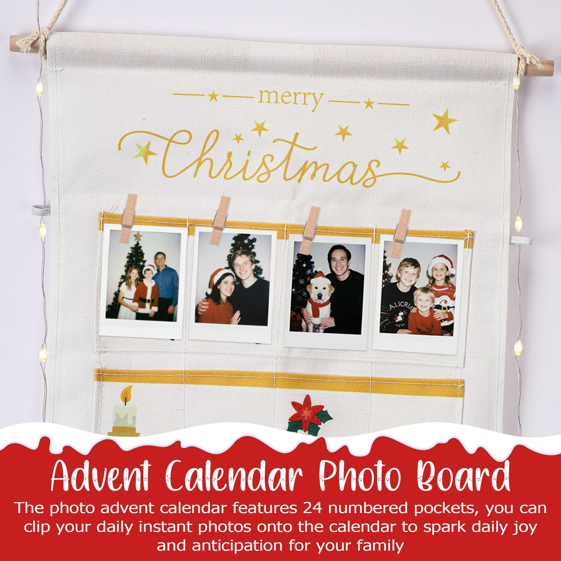 ElectricWise Christmas Picture Countdown Board, Photo Advent Calendar with Wood Clips, Photo Display Collage Board with Pockets, Reusable Festival Memory Countdown (32.3 In) - Medaid International