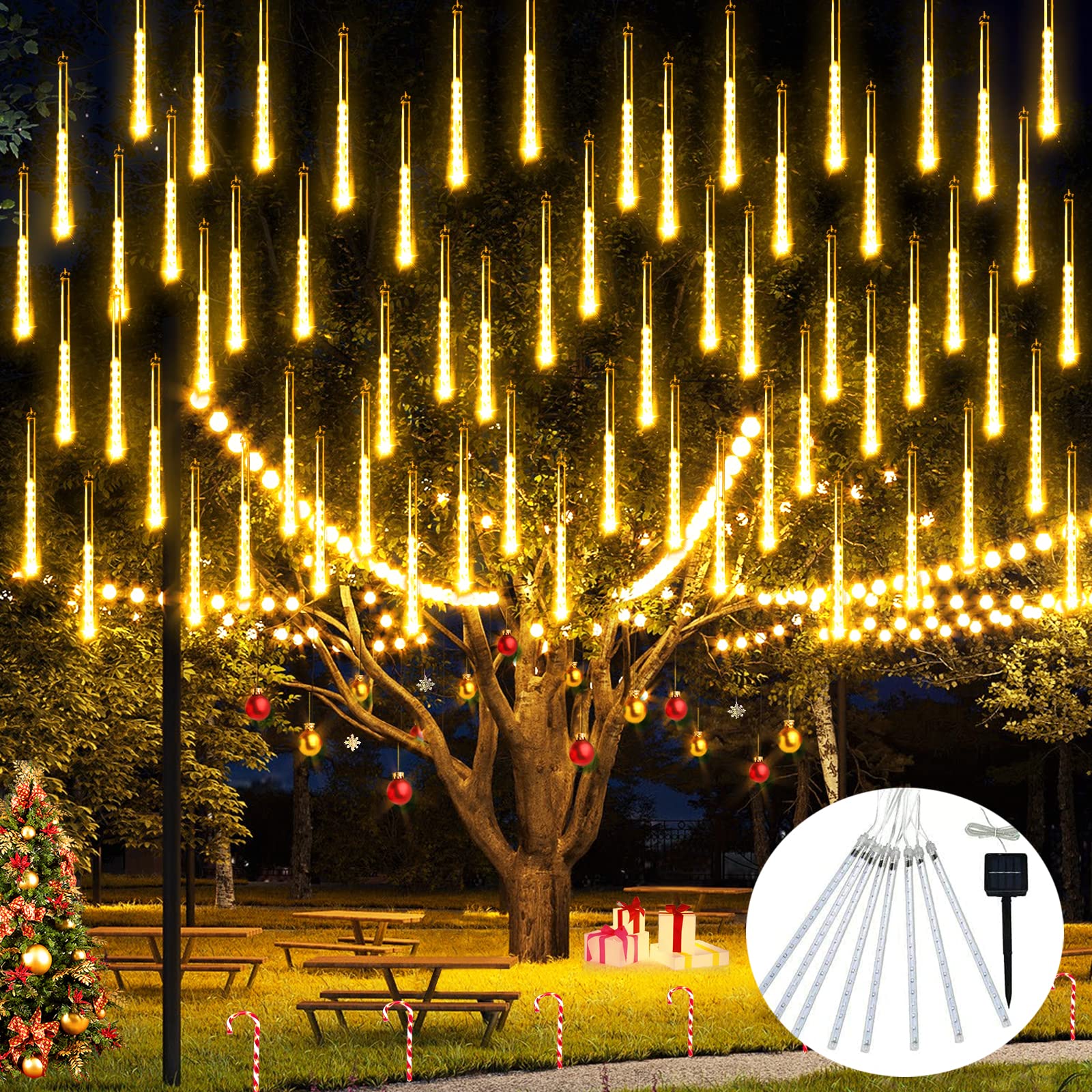 JMEXSUSS Solar Meteor Shower Lights Outdoor, 8 Tube 144 LEDs Warm White Solar Christmas Lights for Tree Eave Xmas Holiday Party Patio House Wedding Decor - Medaid International