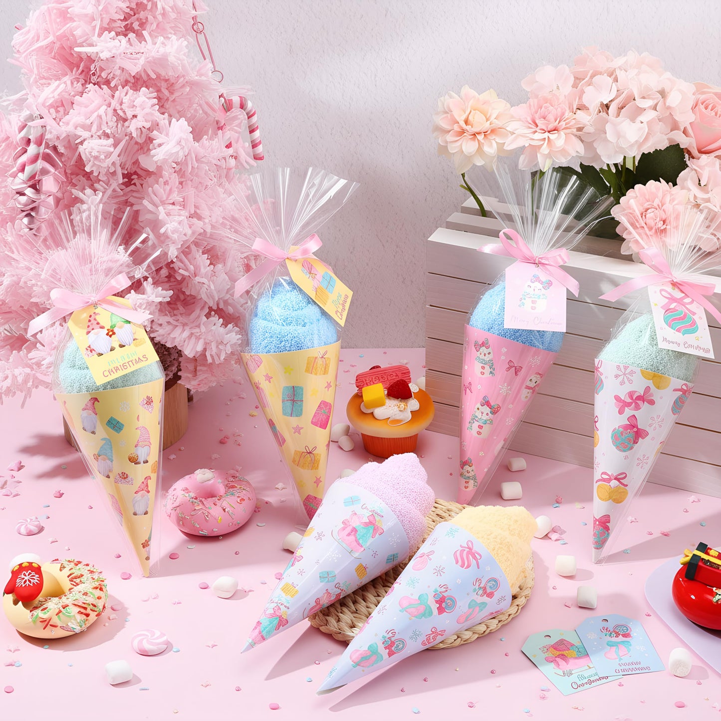 JenPen 12 Sets Funny Christmas Socks Gift for Women Novelty Cozy Ice Cream Warm Pink Christmas Fuzzy Socks with Card Ribbon Wrapping Bags Boho Xmas Holiday Stocking Stuffers Gift for Winter Holiday - Medaid International