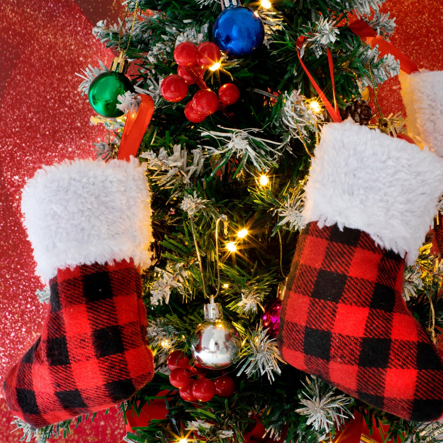 JOYIN 12 PCS 5” Mini Christmas Stocking,Red Black Plaid Xmas Stockings for Christmas Tree Decoration, Party Favors and Holiday Season Supplies - Medaid International