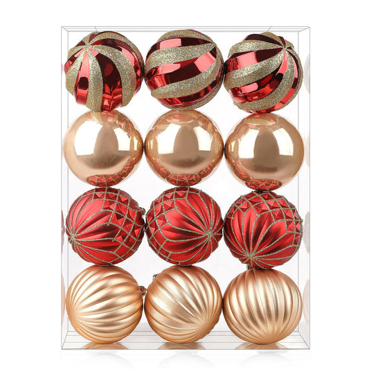 SHareconn 12ct 3.15 Inch Christmas Tree Balls Ornaments, Colored Shatterproof Plastic Decorative Baubles Decorations for Xmas Tree Decor Holiday Party Wedding Decoration (Red & Gold, 80mm) - Medaid International