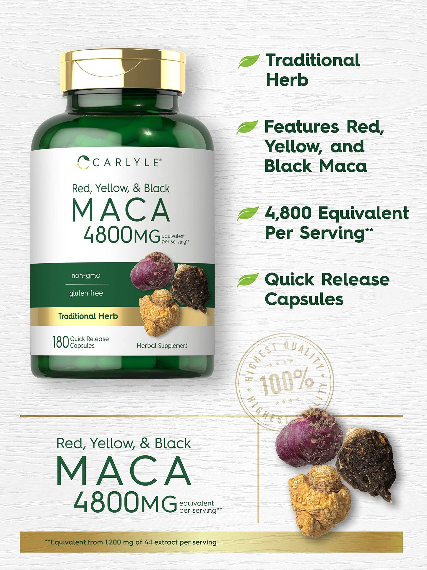Carlyle Maca Root Capsules for Women & Men | 4800 mg | 180 Count | High Potency Extract | Non-GMO & Gluten Free Supplement - Medaid International