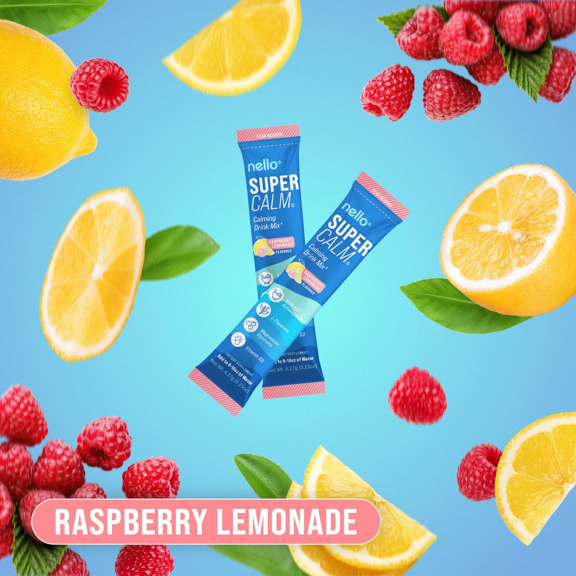 Nello Supercalm Powdered Drink Mix, Raspberry Lemonade, L Theanine, Ksm-66 Ashwagandha, Magnesium Glycinate, Vitamin D 3, Supplements for Relaxation & Focus, No Sugar, Non GMO, On The Go, 20 Ct - Medaid International