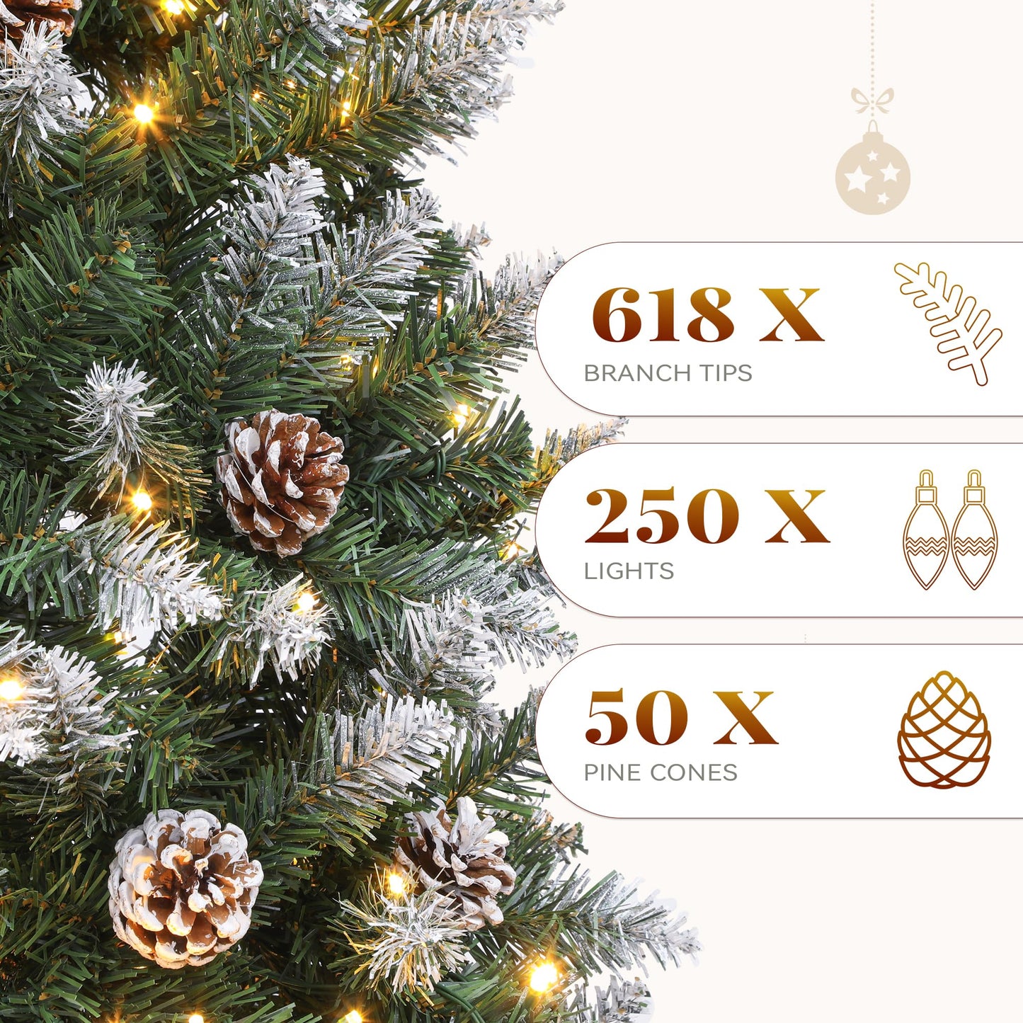 YITAHOME 6FT Pre-Decorated Pencil Christmas Tree w/Remote, Partially Flocked & Frosted Slim Prelit Artificial Hinged Xmas Tree w/ 618 Tips, 50 Pine Cones, 250 Warmwhite & Multi-Color Lights, 11 Modes - Medaid International