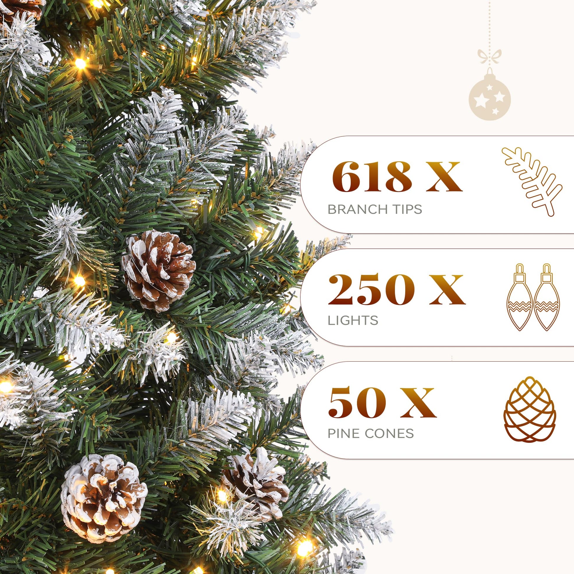 YITAHOME 6FT Pre-Decorated Pencil Christmas Tree w/Remote, Partially Flocked & Frosted Slim Prelit Artificial Hinged Xmas Tree w/ 618 Tips, 50 Pine Cones, 250 Warmwhite & Multi-Color Lights, 11 Modes - Medaid International