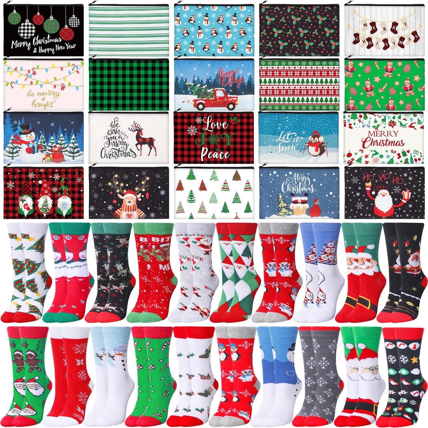 Shihanee 40 Pcs Christmas Gifts Bulk Sets for Women 20 Xmas Canvas Makeup Bags 20 Winter Crew Socks Cute Cosmetic Bags and Socks Xmas Gifts Ideal for Adults Coworker Employee Christmas Party Favors - Medaid International