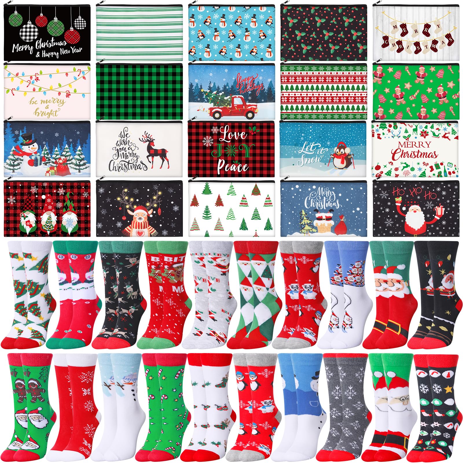 Shihanee 40 Pcs Christmas Gifts Bulk Sets for Women 20 Xmas Canvas Makeup Bags 20 Winter Crew Socks Cute Cosmetic Bags and Socks Xmas Gifts Ideal for Adults Coworker Employee Christmas Party Favors - Medaid International