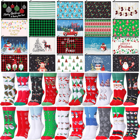 Shihanee 40 Pcs Christmas Gifts Bulk Sets for Women 20 Xmas Canvas Makeup Bags 20 Winter Crew Socks Cute Cosmetic Bags and Socks Xmas Gifts Ideal for Adults Coworker Employee Christmas Party Favors - Medaid International