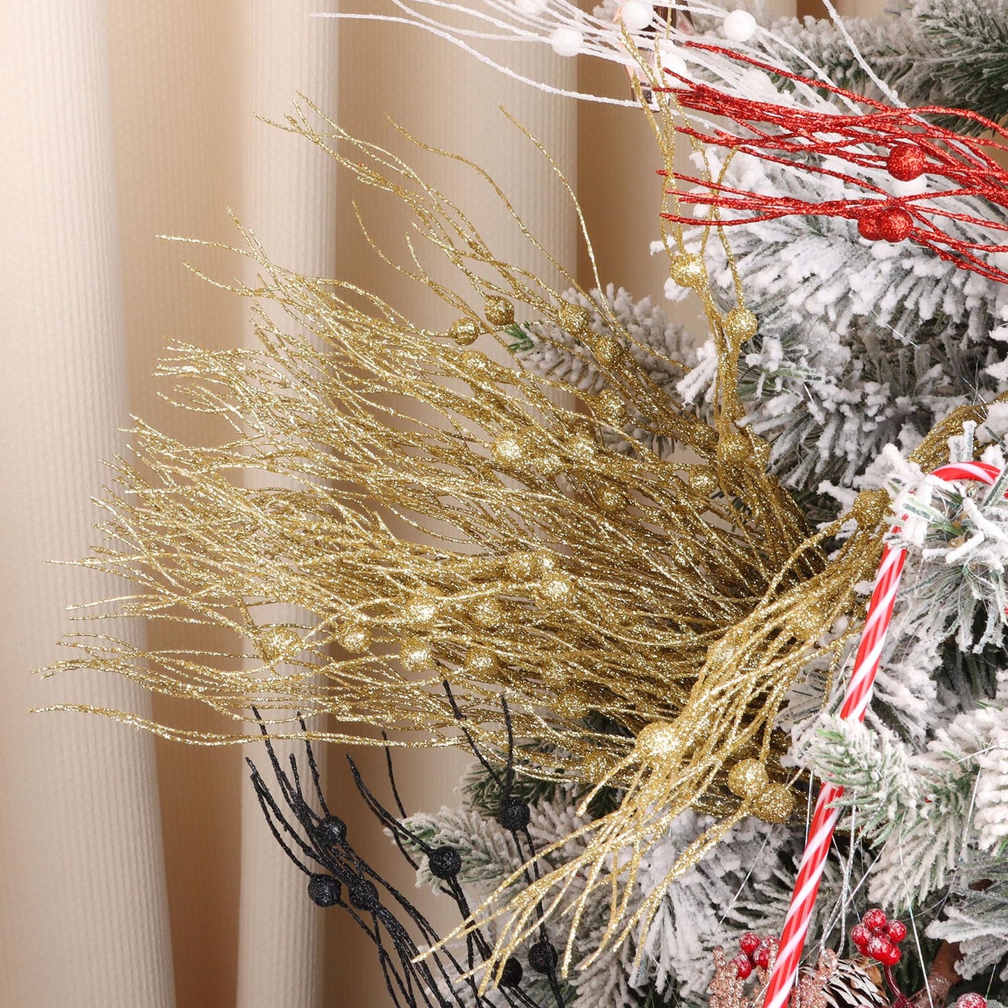 LOAVER 18 Pack Christmas Artificial Glitter Berry Stem Ornaments,15.7 Inches Decorative Xmas Picks Glittery Twigs Bead Sticks for Christmas Tree DIY Crafts Vase Fillers Party Supplies(Gold) - Medaid International